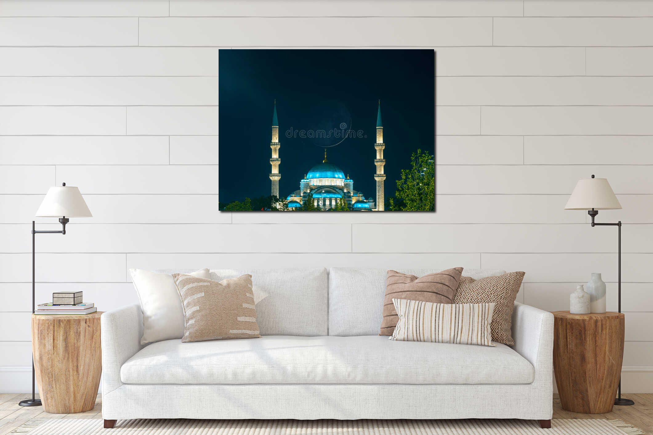 Eminonu New Mosque or Yeni Cami with crescent moon. Islamic concept image interior mockup