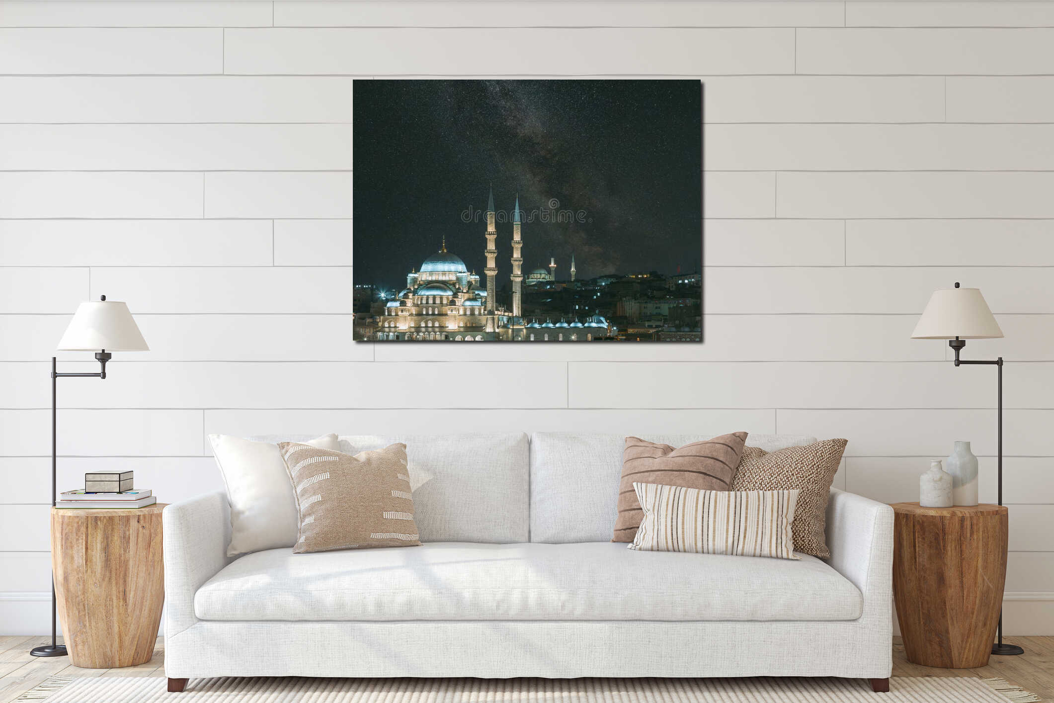 Islamic or ramadan concept photo. Eminonu New Mosque and starry night interior mockup
