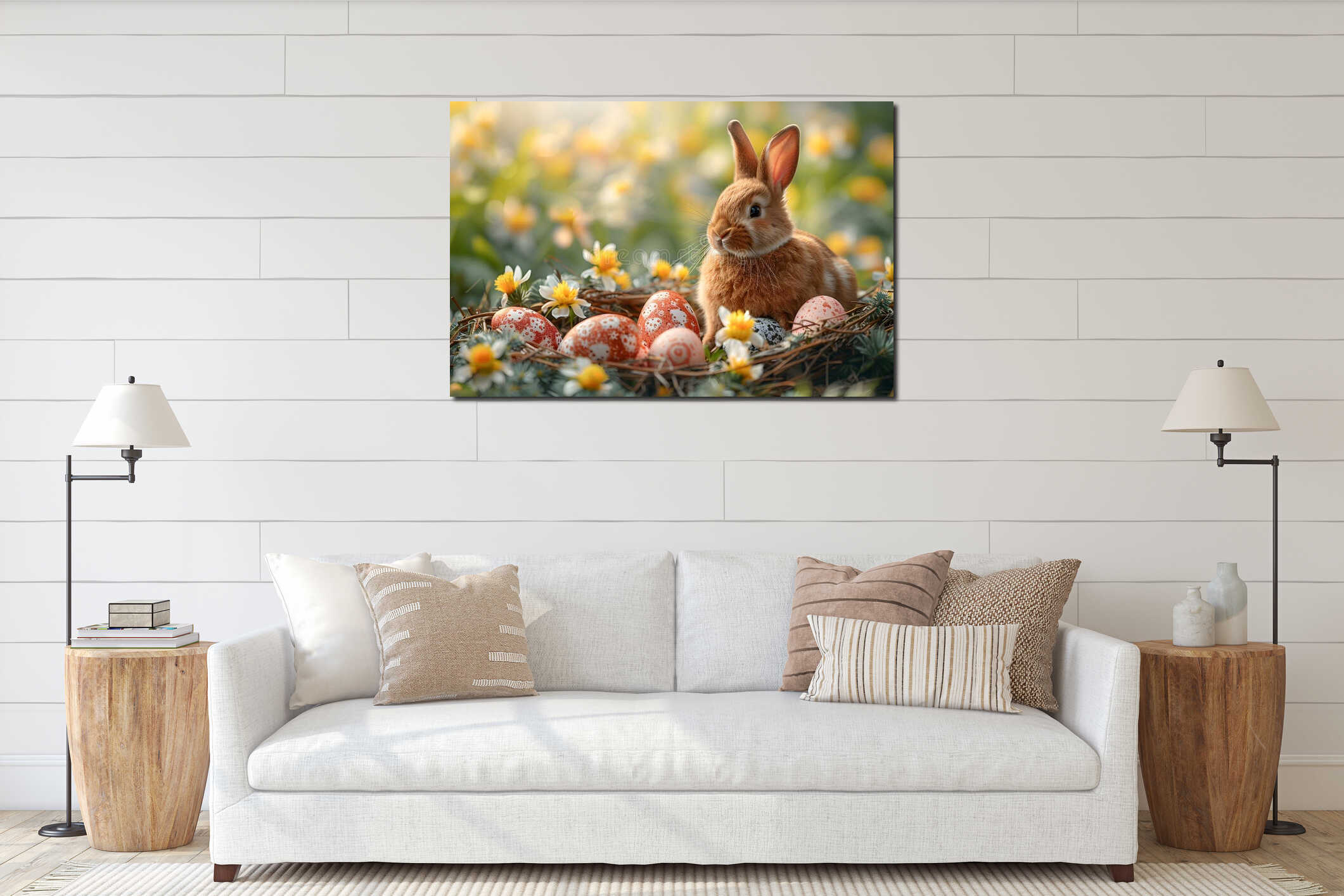 Easter Bunny in a Nest of Decorated Eggs and Spring Flowers Generative AI interior mockup