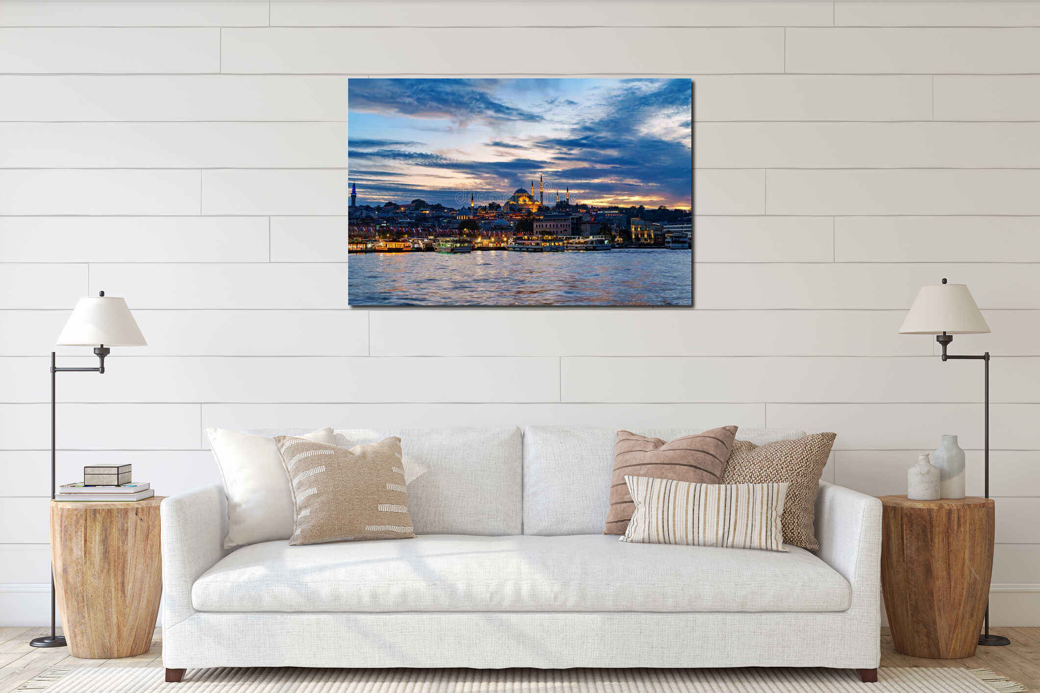 view from a pleasure boat on the Bosphorus and the cityscape of Istanbul, Turkey, the architecture of the city at sunset, a interior mockup
