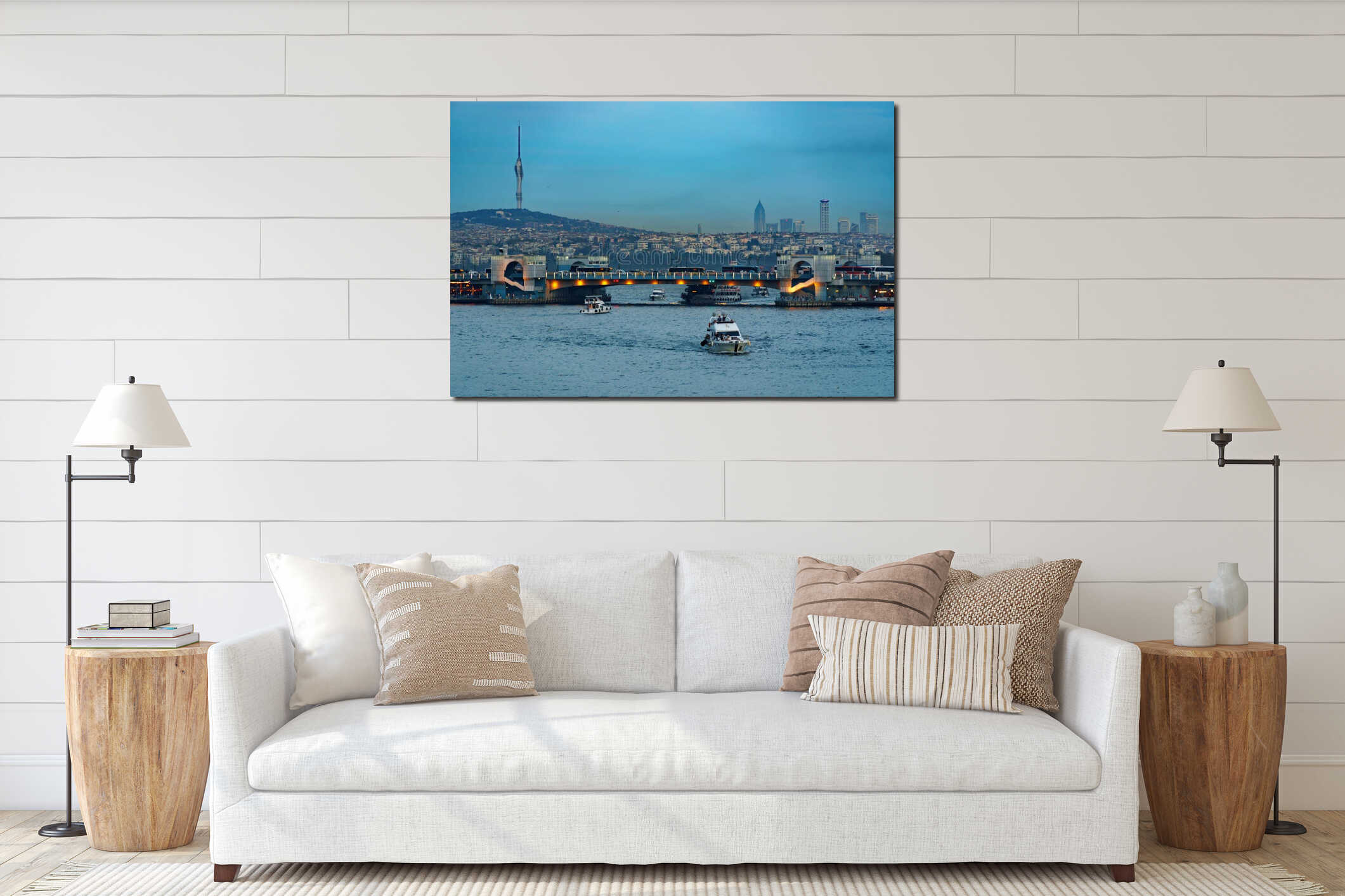 view of the Galata Bridge and ships on the Bosphorus, the cityscape of Istanbul, Turkey, the architecture of the city at sunset, a interior mockup