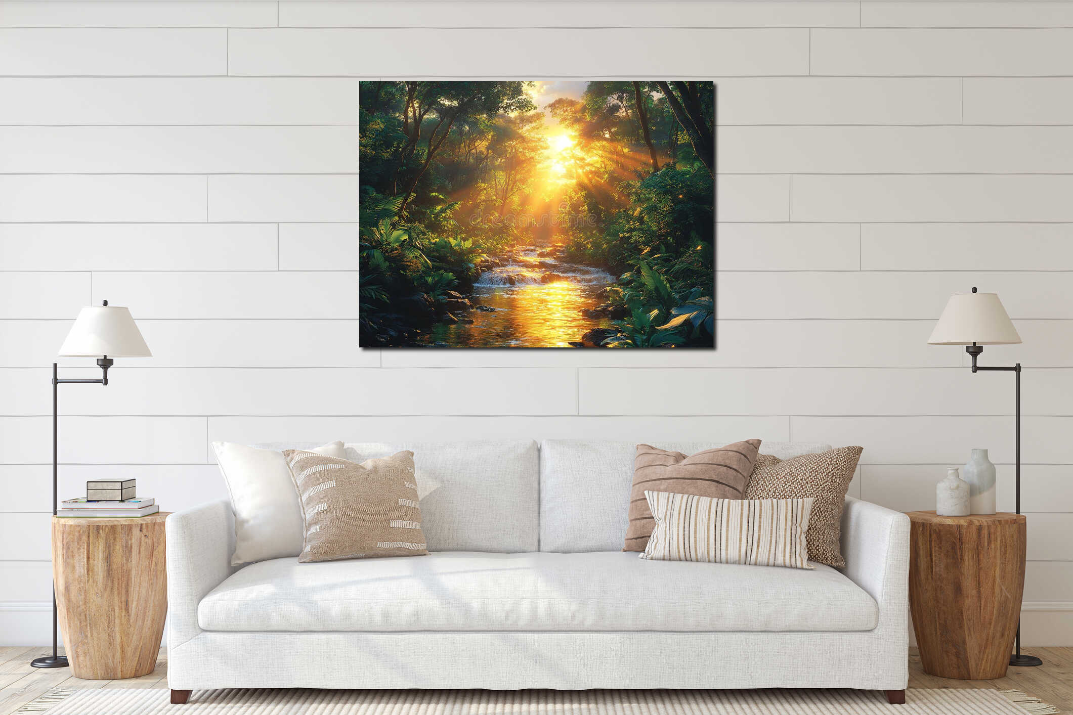 A lush, vibrant tropical forest at sunrise or sunset, with a warm glow and radiant streaks of light The uneven terrain interior mockup