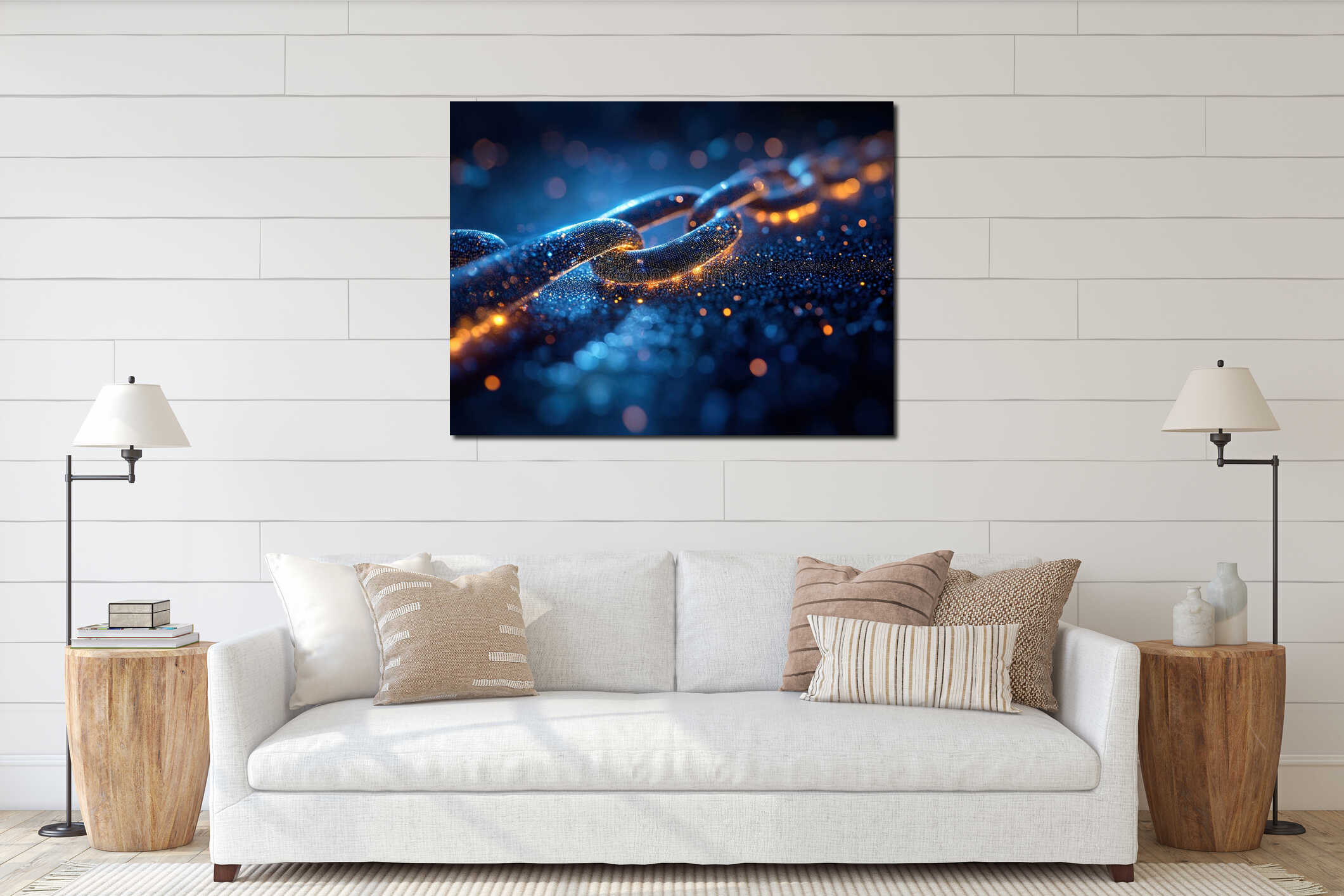 A floating, glowing chain with blue and yellow elements against a dark backdrop, resembling a starry sky or sea The 3D interior mockup