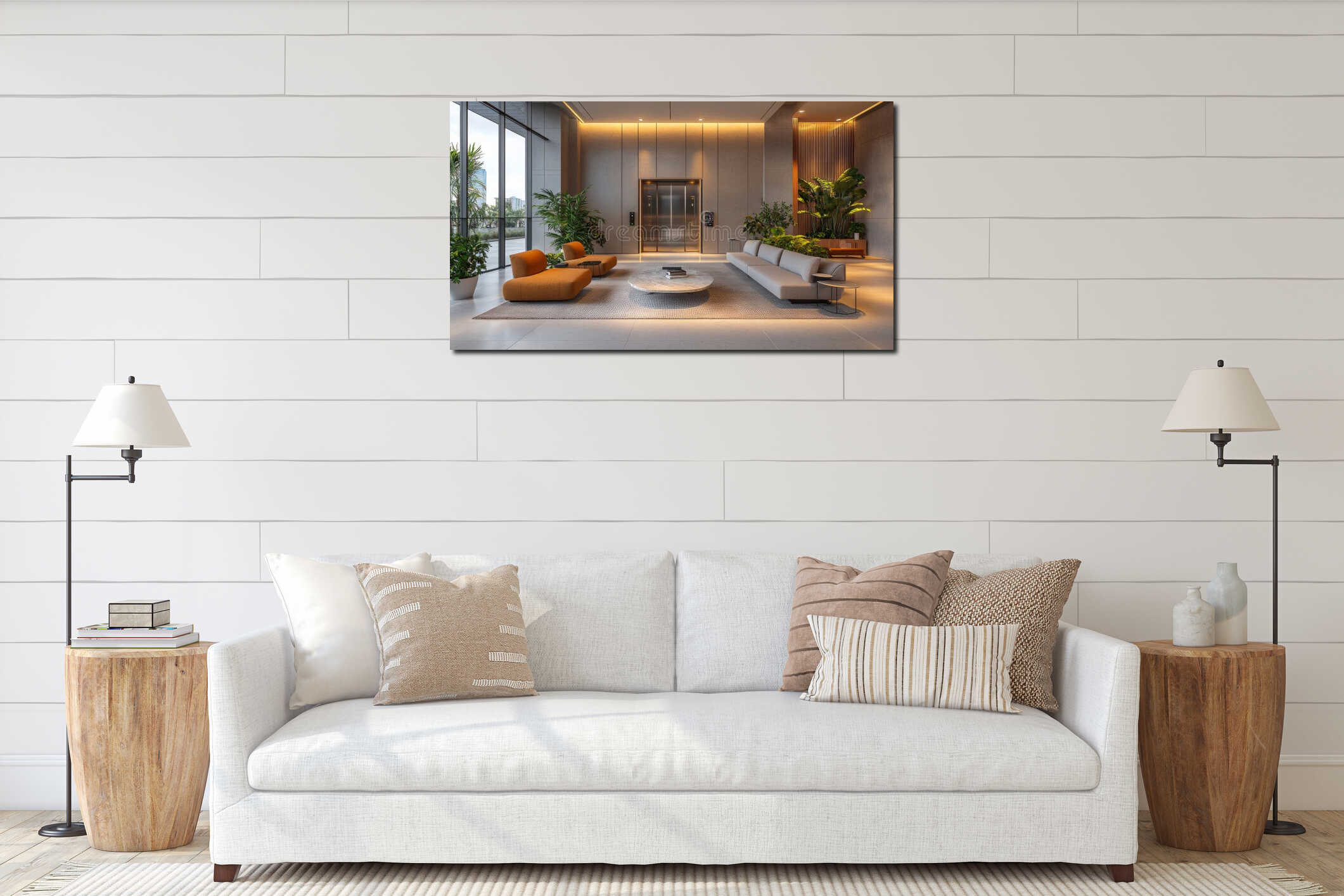 high speed express elevator features sleek design brushed aluminum and glass panels futuristic skyscraper lobby. LED interior mockup