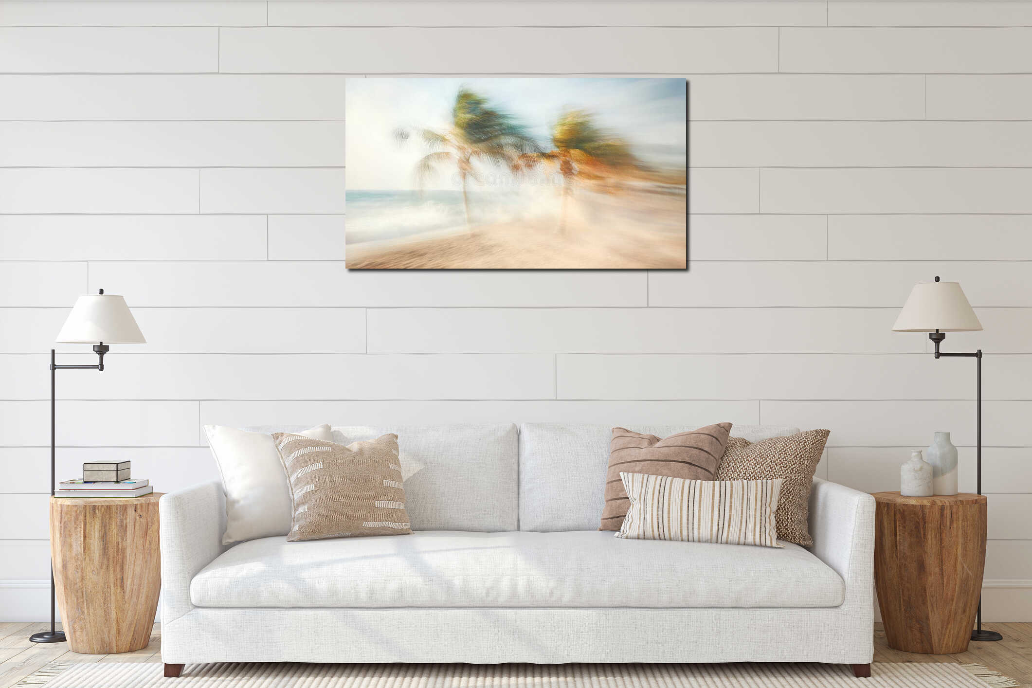 Breezy motion blur of palms and sand, lively and tropical beach vibe. Blurred view sandy beach palms interior mockup