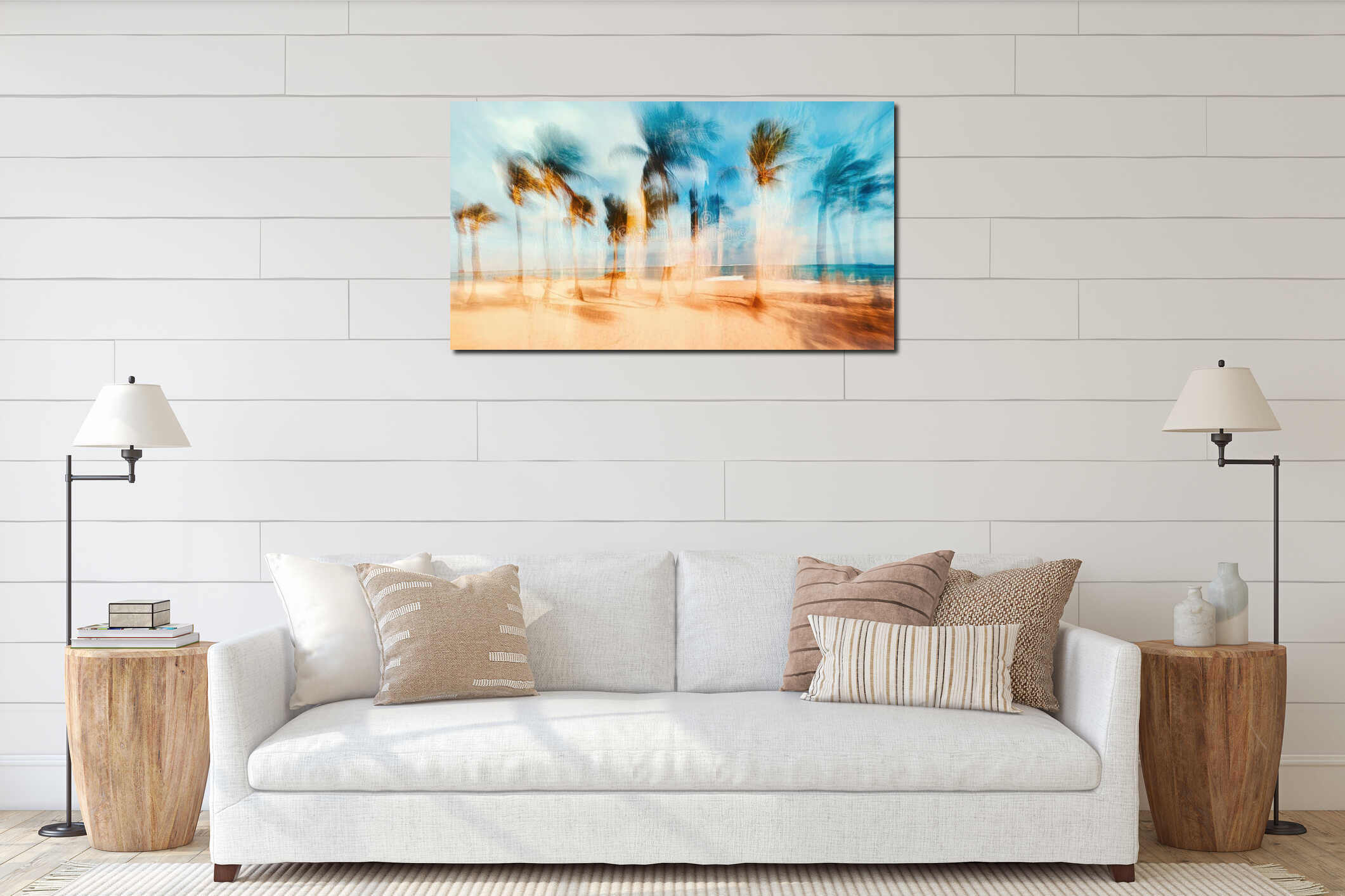 Soft blur of sand and palms, vibrant and breezy coastal scene. Blurred view sandy beach palms interior mockup