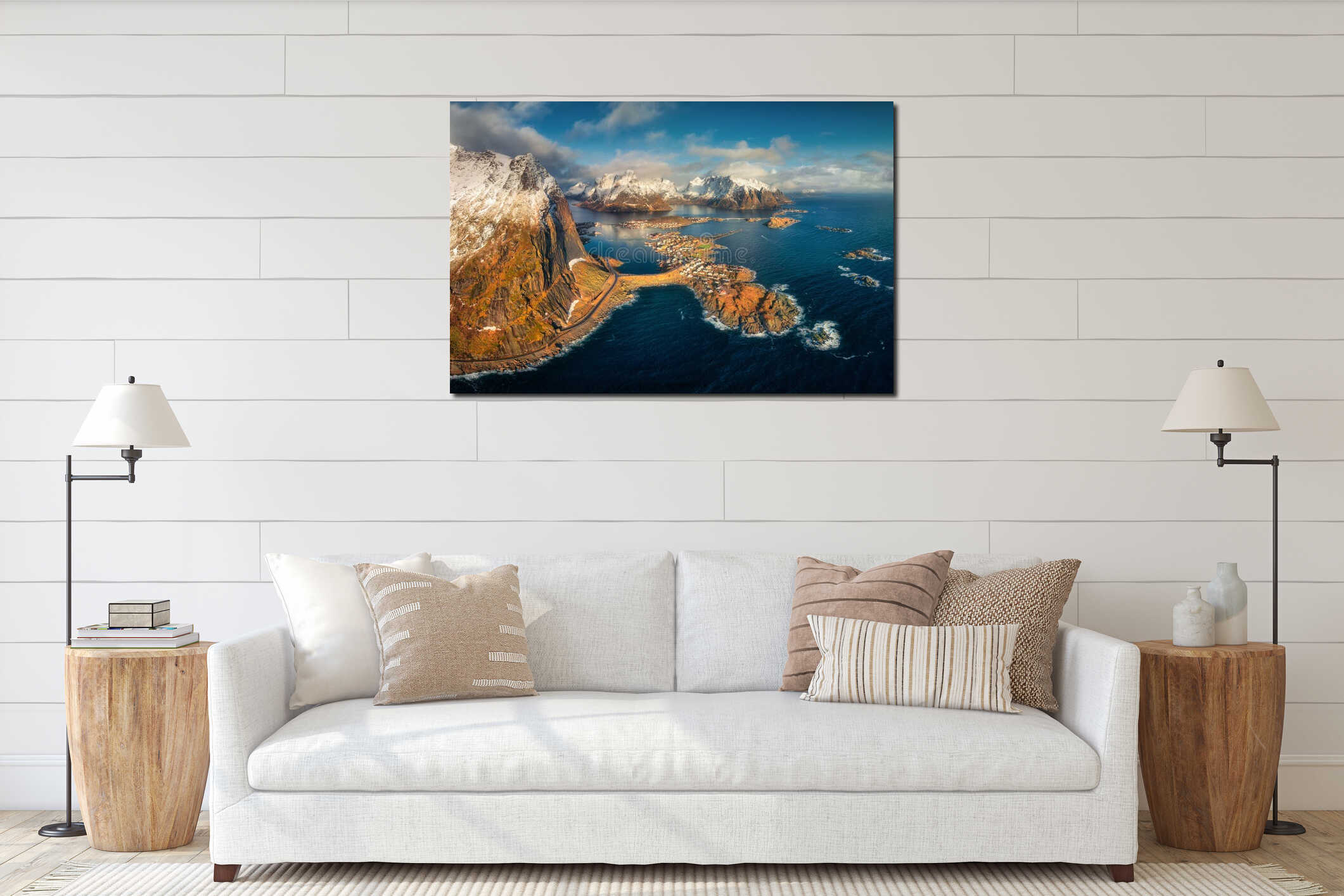 Panoramic aerial view of Reine fishing village at sunrise interior mockup