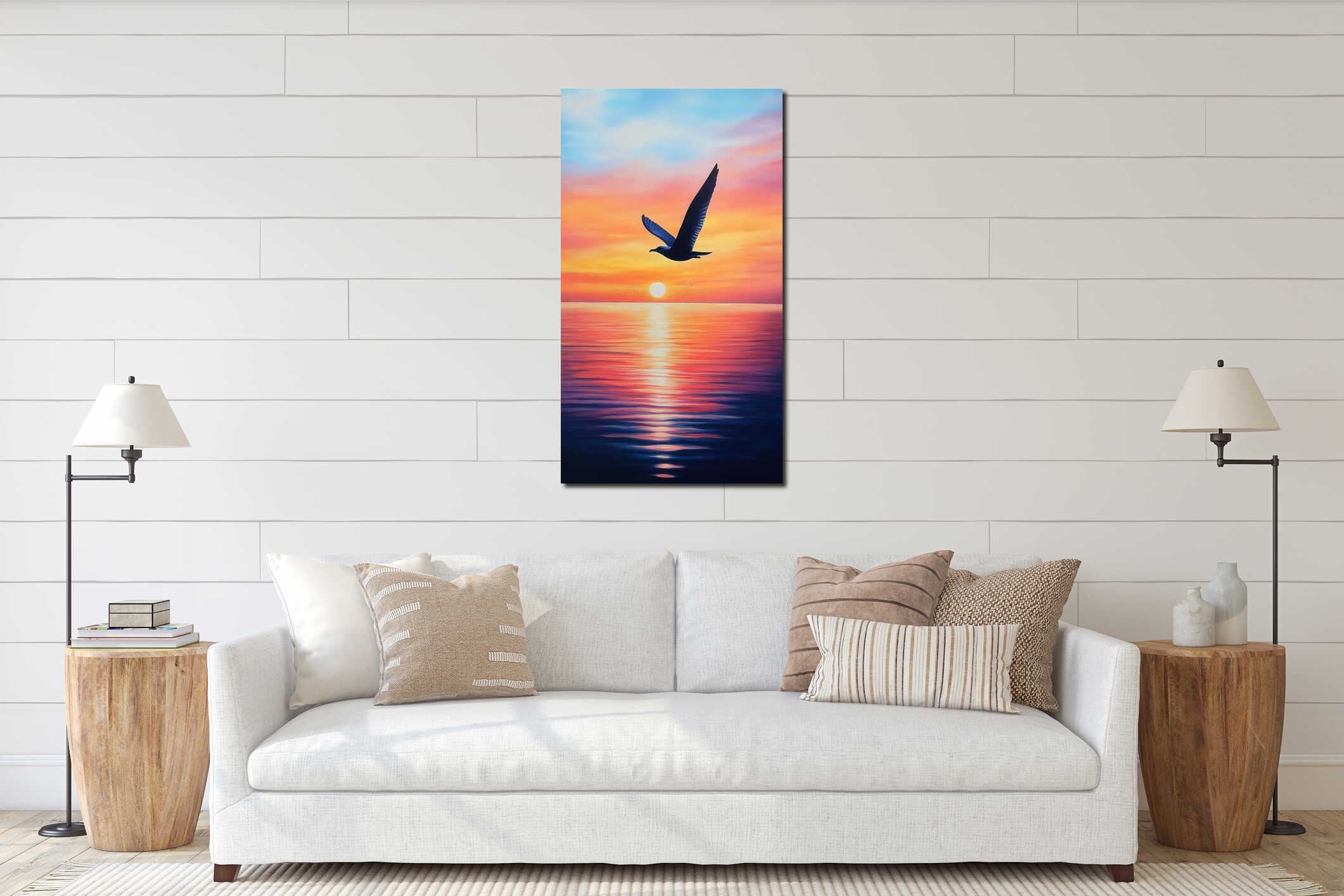 Seagull in flight over colorful sunset ocean interior mockup