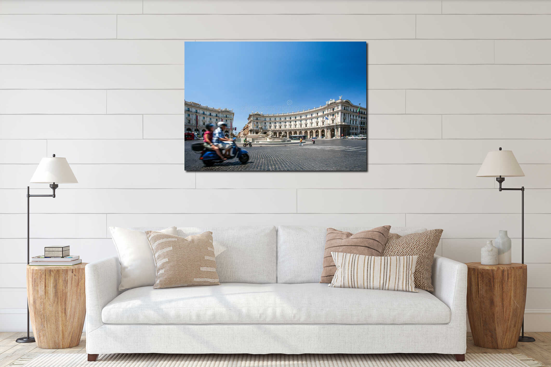 Rome, Italy, July 22 2017, A Couple Rides a Scooter in Sunny Piazza Della Repubblica interior mockup
