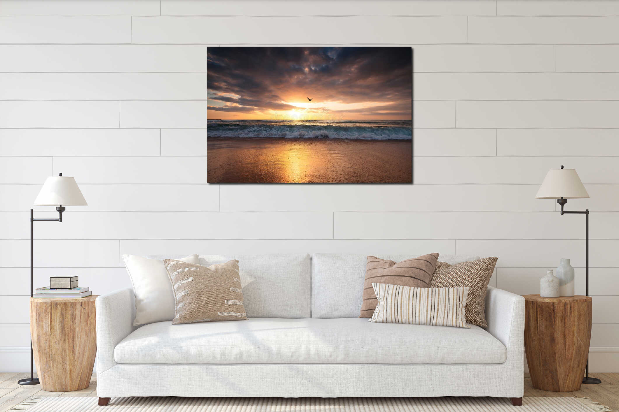 Beautiful cloudscape over the beach and seagull bird in fly over sea horizon interior mockup
