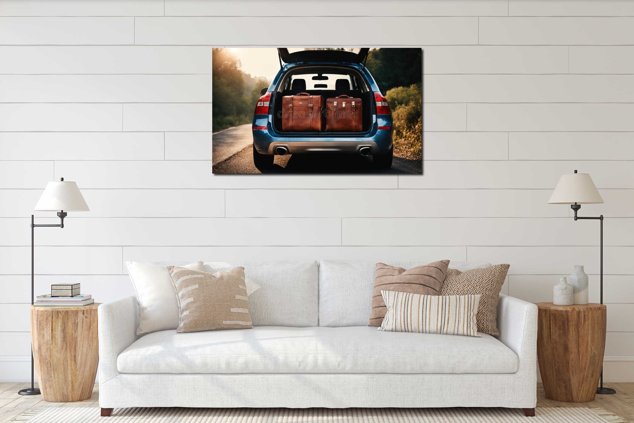 Closeup of back, rear side of car carrying luggages, suitcases preparing for lovely family holiday with natural interior mockup