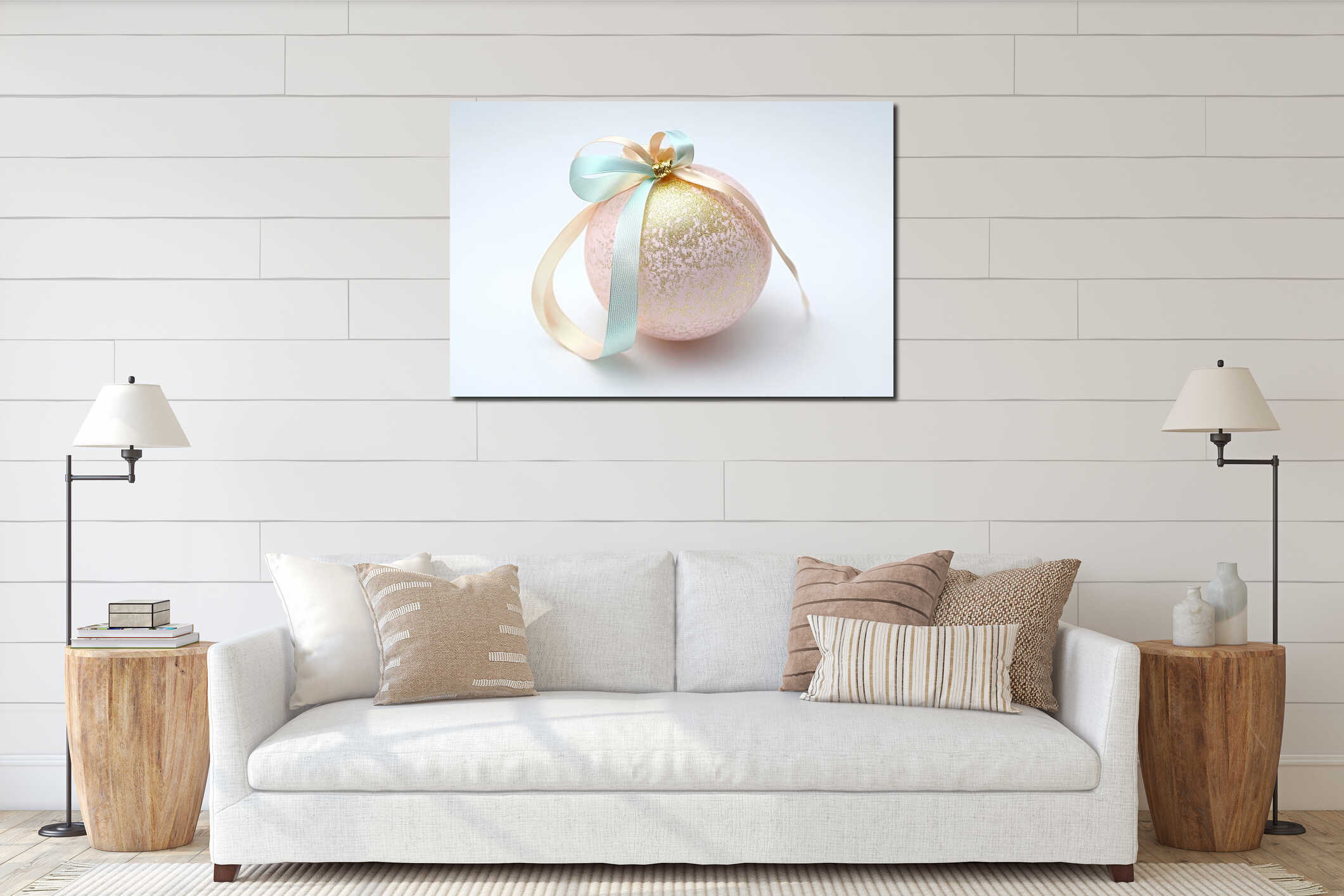 A beautifully crafted vintage chic ball in pastel colors features a delicate ribbon and gold accents, perfect for New interior mockup