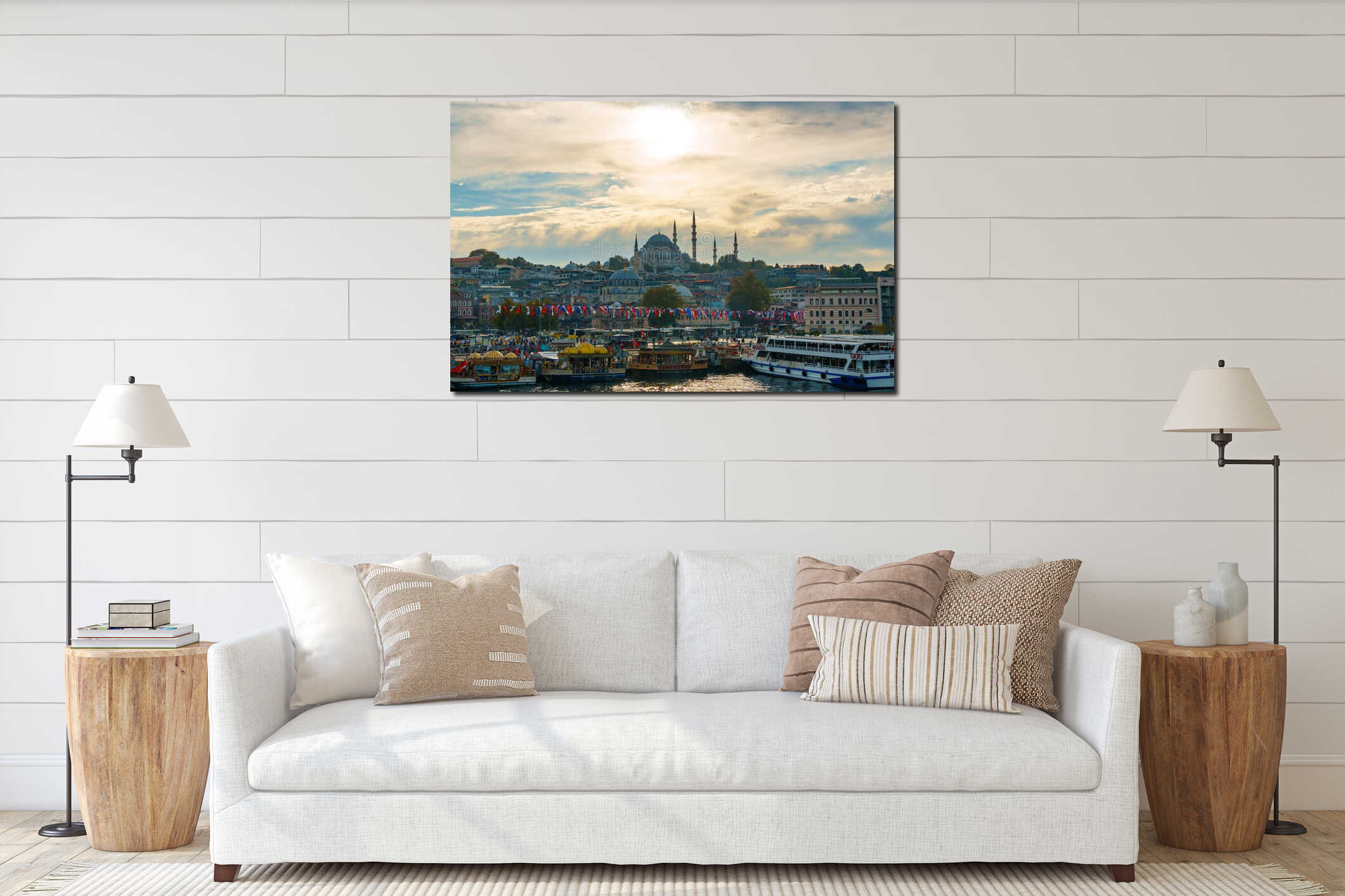 cityscape of Istanbul, Turkey, view to the Golden Horn Bay and architecture of city and ships and Bosphorus shore against the interior mockup
