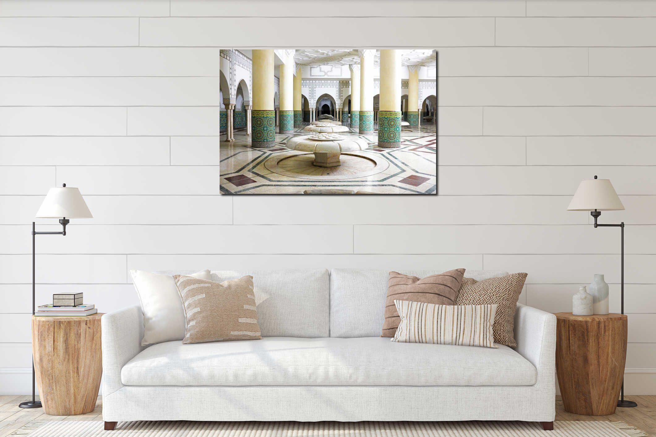 Interior arches and mosaic tile work in Hassan II Mosque in Casablanca, Morocco interior mockup