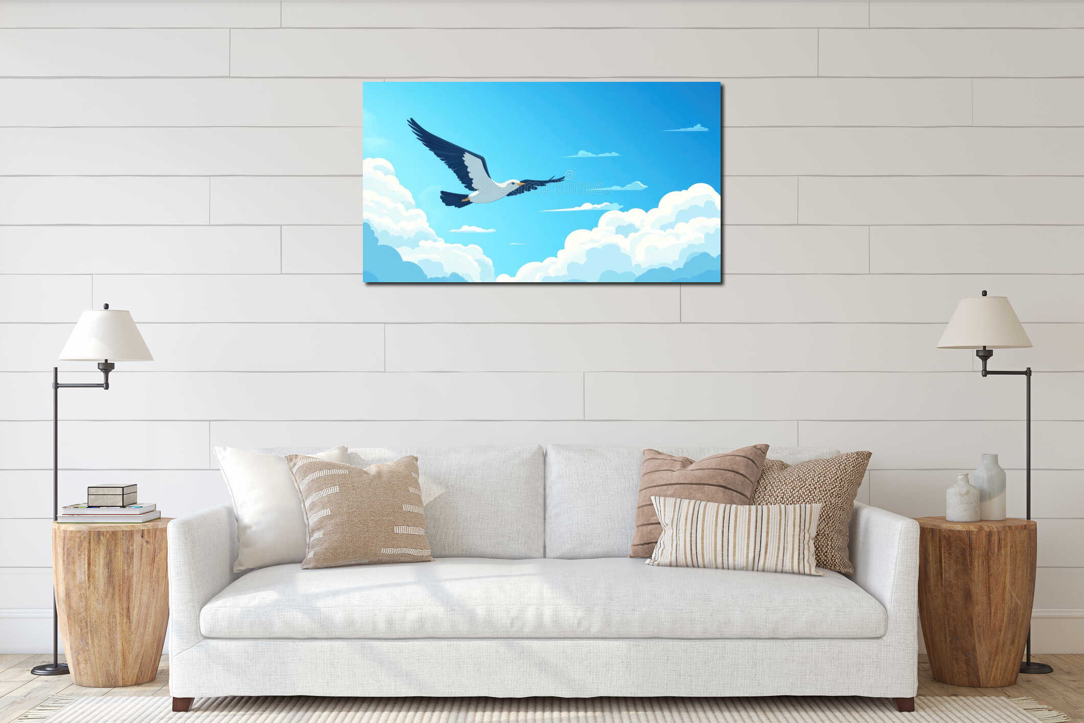 Seagull soaring in clear blue sky above fluffy clouds, serene scene on blue monday, capturing calm and freedom interior mockup