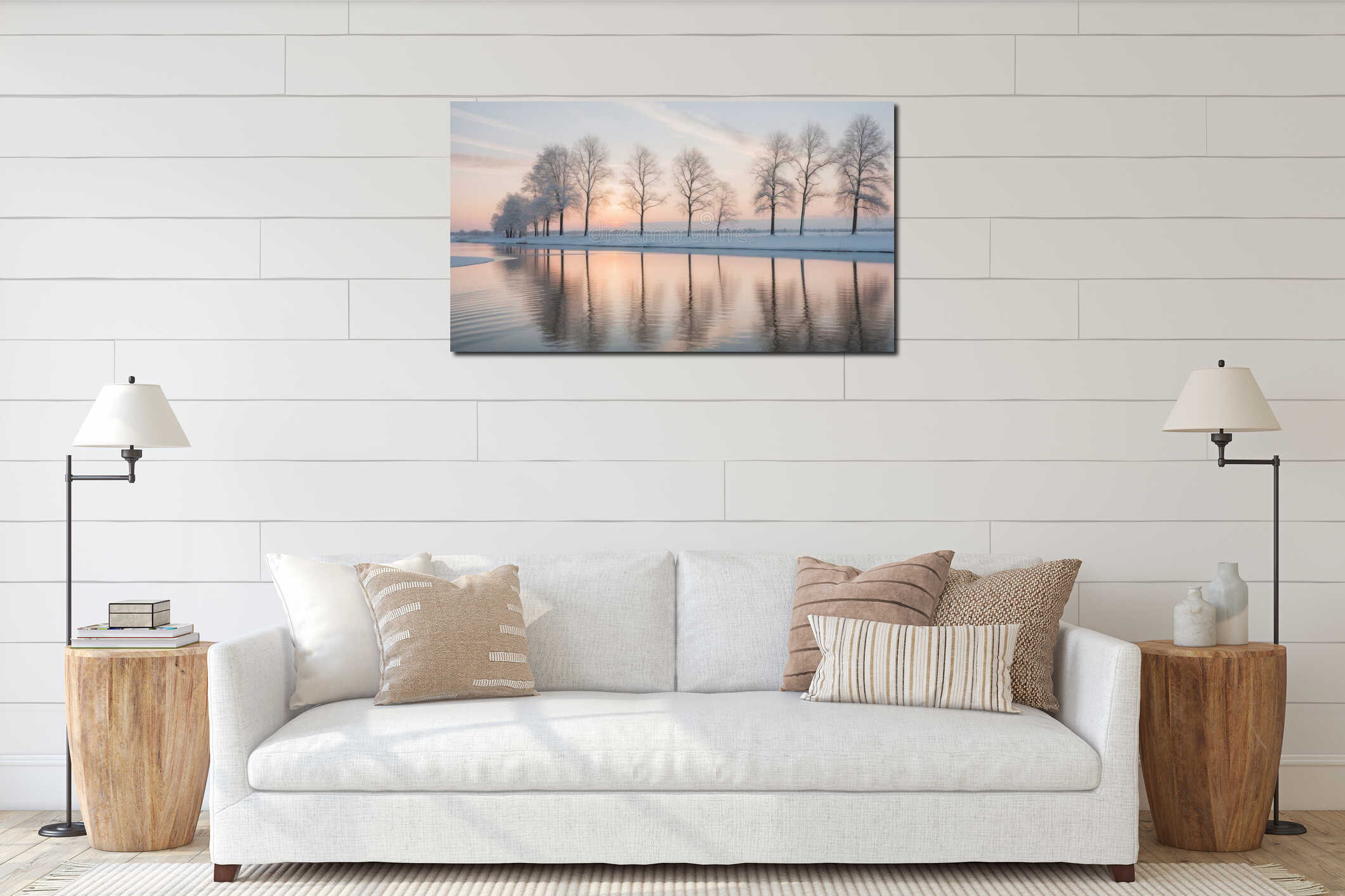 Serene Winter Sunset Snow Covered Trees Reflected in Calm Water interior mockup