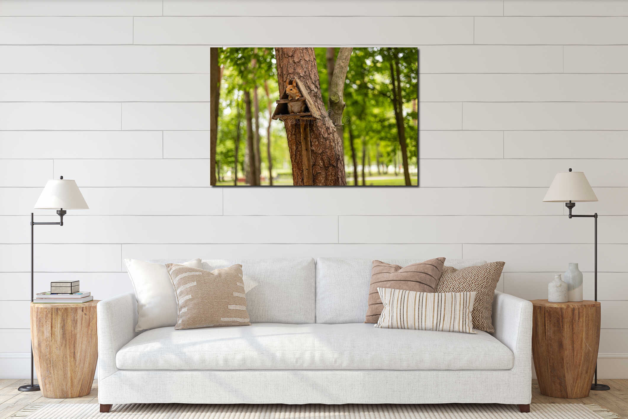Adorable red squirrel sitting inside a wooden house attached to a tree trunk in a lush green forest park interior mockup