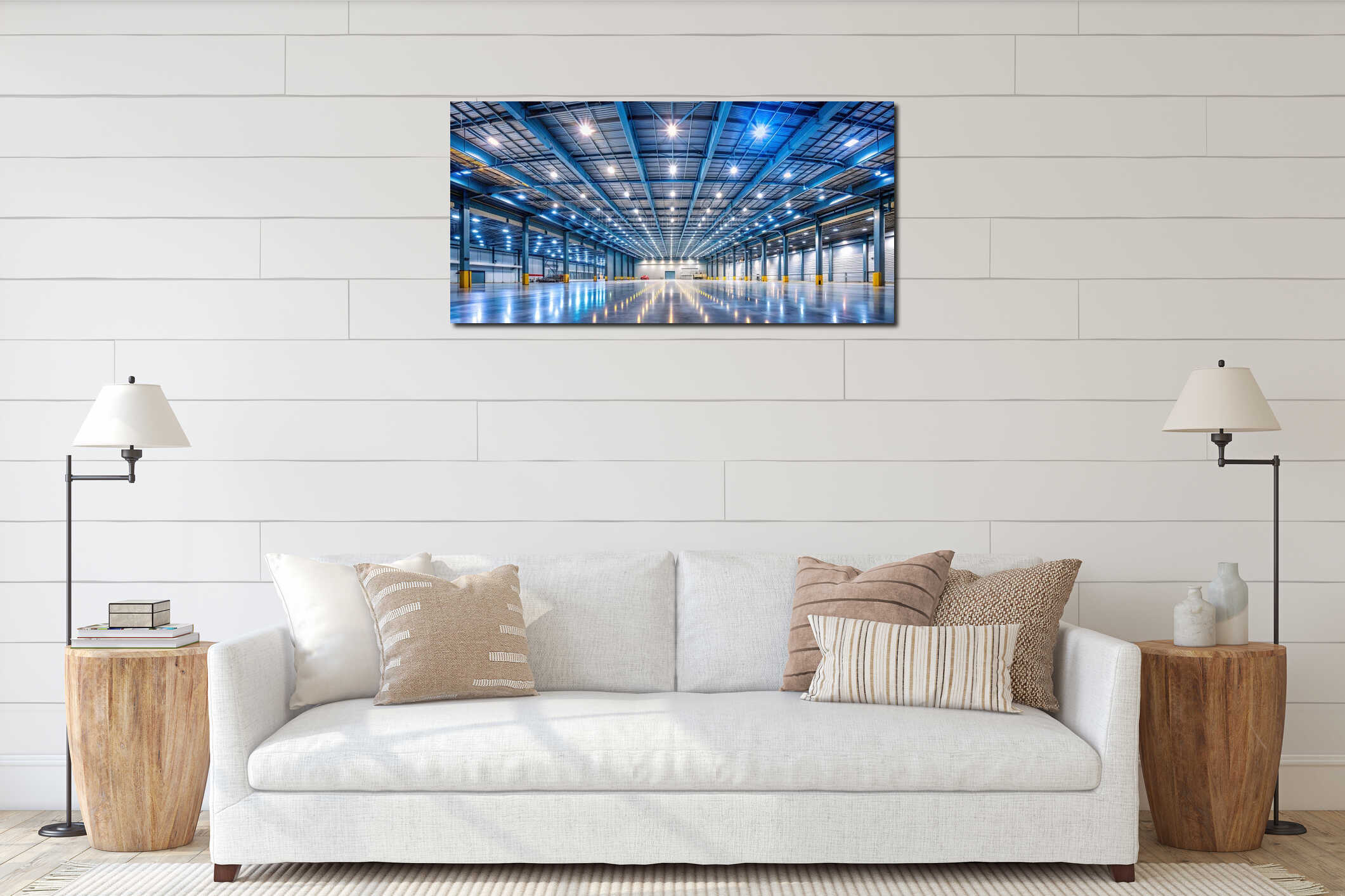 Modern Industrial Hall A Panoramic View of Empty Spaces LED Lighting and Architectural Design interior mockup