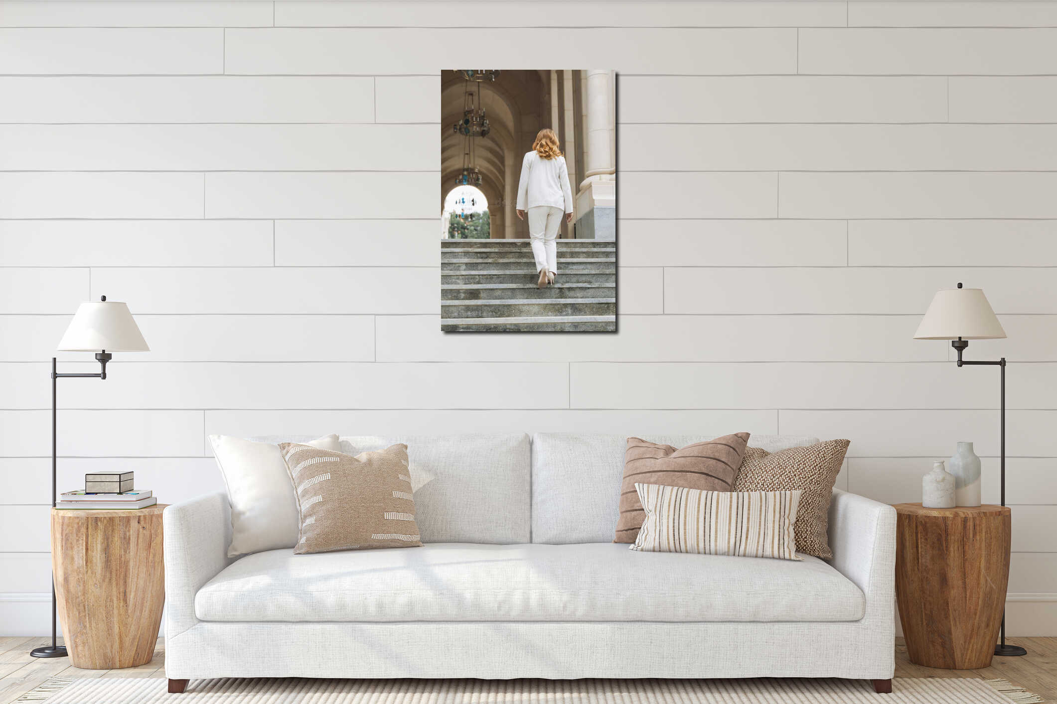 Woman White Suit Stairs - Walking up the stairs of a grand building in a white suit. interior mockup
