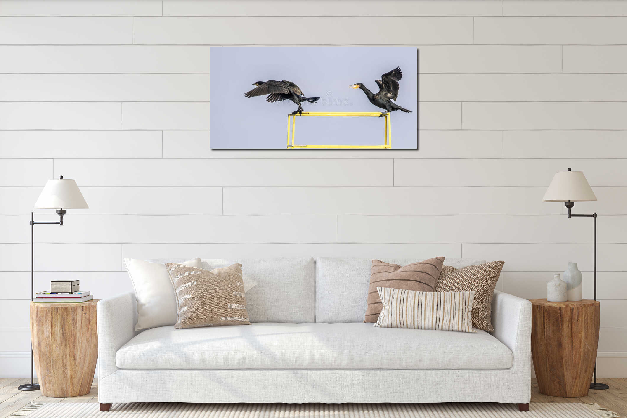 Two great cormorants starts to fly interior mockup