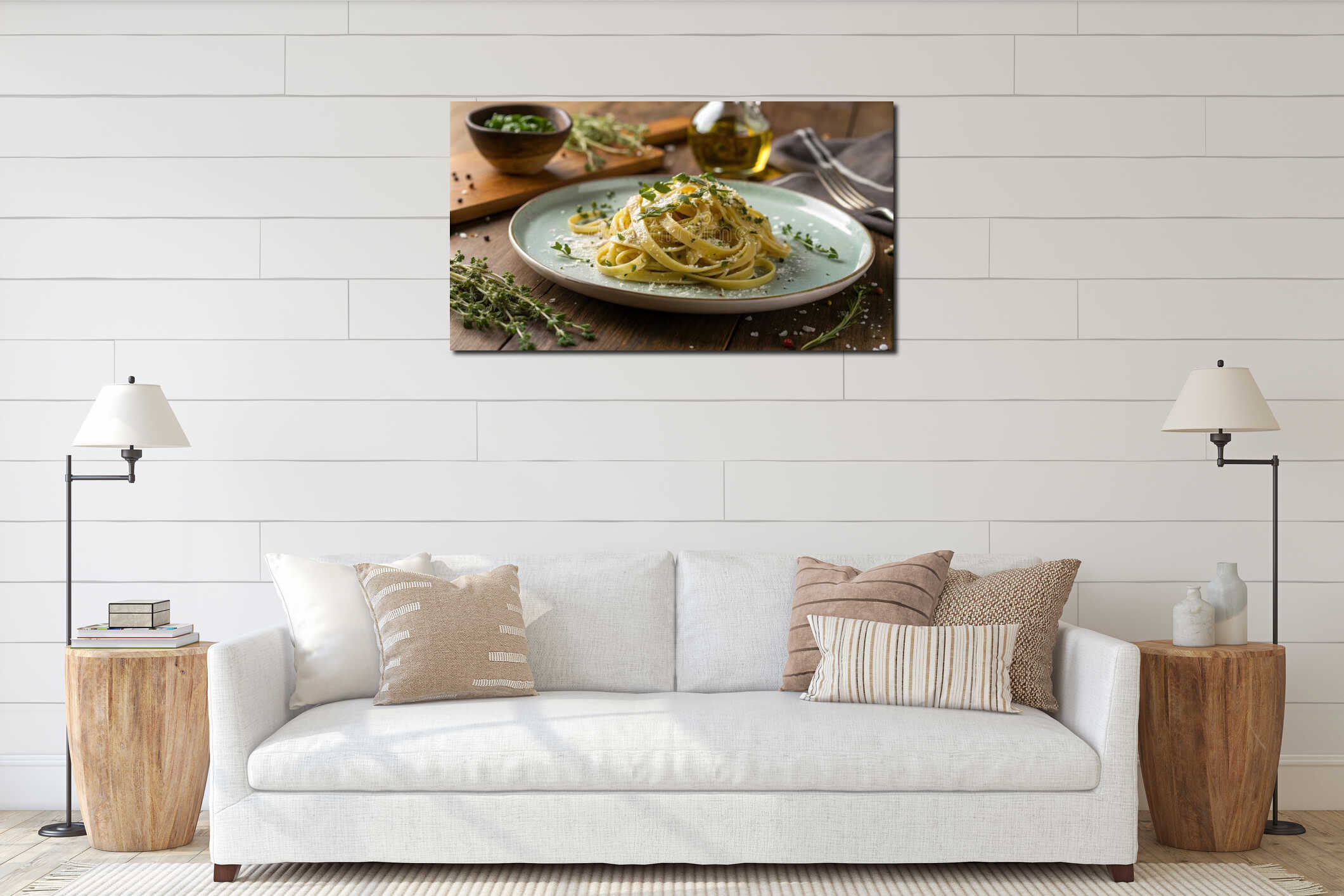 Framed by a rustic wooden tabletop the plate displays a hearty serving of bean pasta beautifully tangled with fresh interior mockup