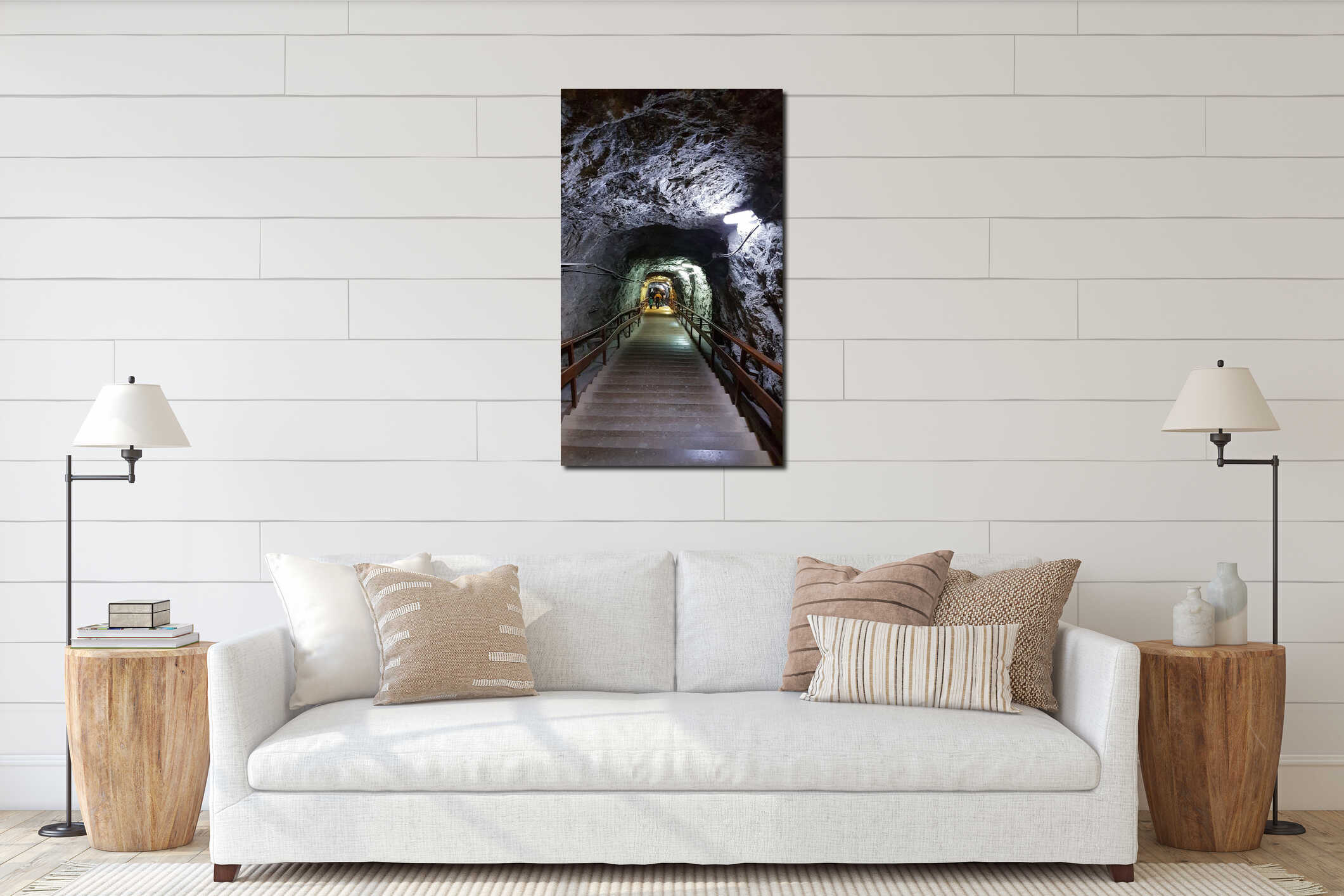 illuminated entrance to underground salt mine interior mockup
