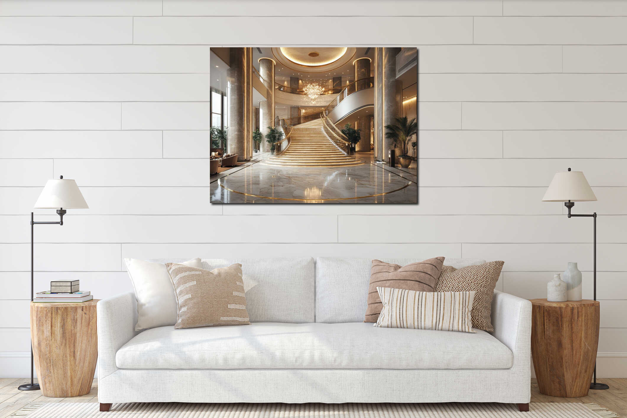 luxurious hotel lobby with a grand staircase, marble floors, and a stunning chandelier interior mockup