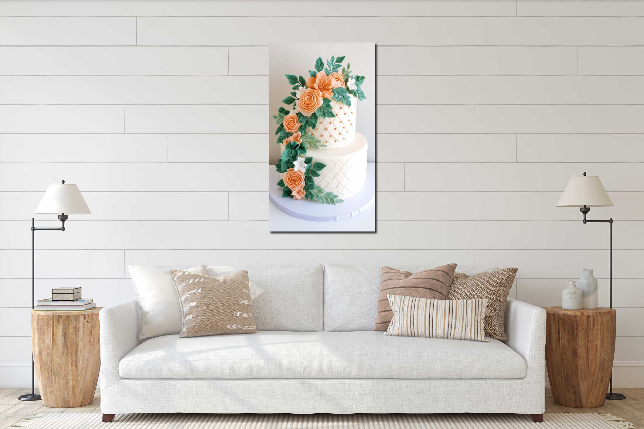 Elegant two-tier white cake with peach roses and green leaves interior mockup