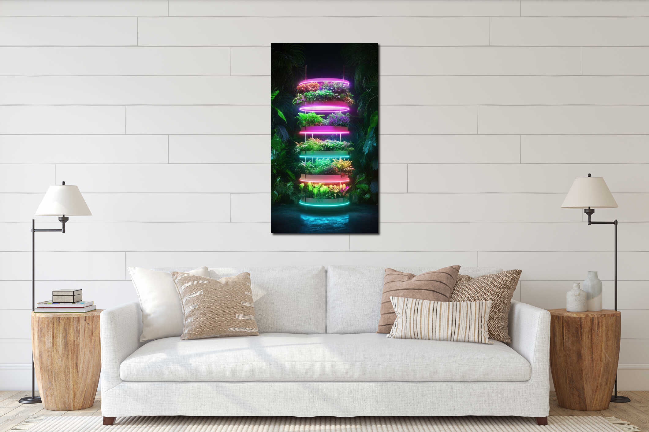 Vibrant neon-lit vertical garden tower with lush greenery interior mockup