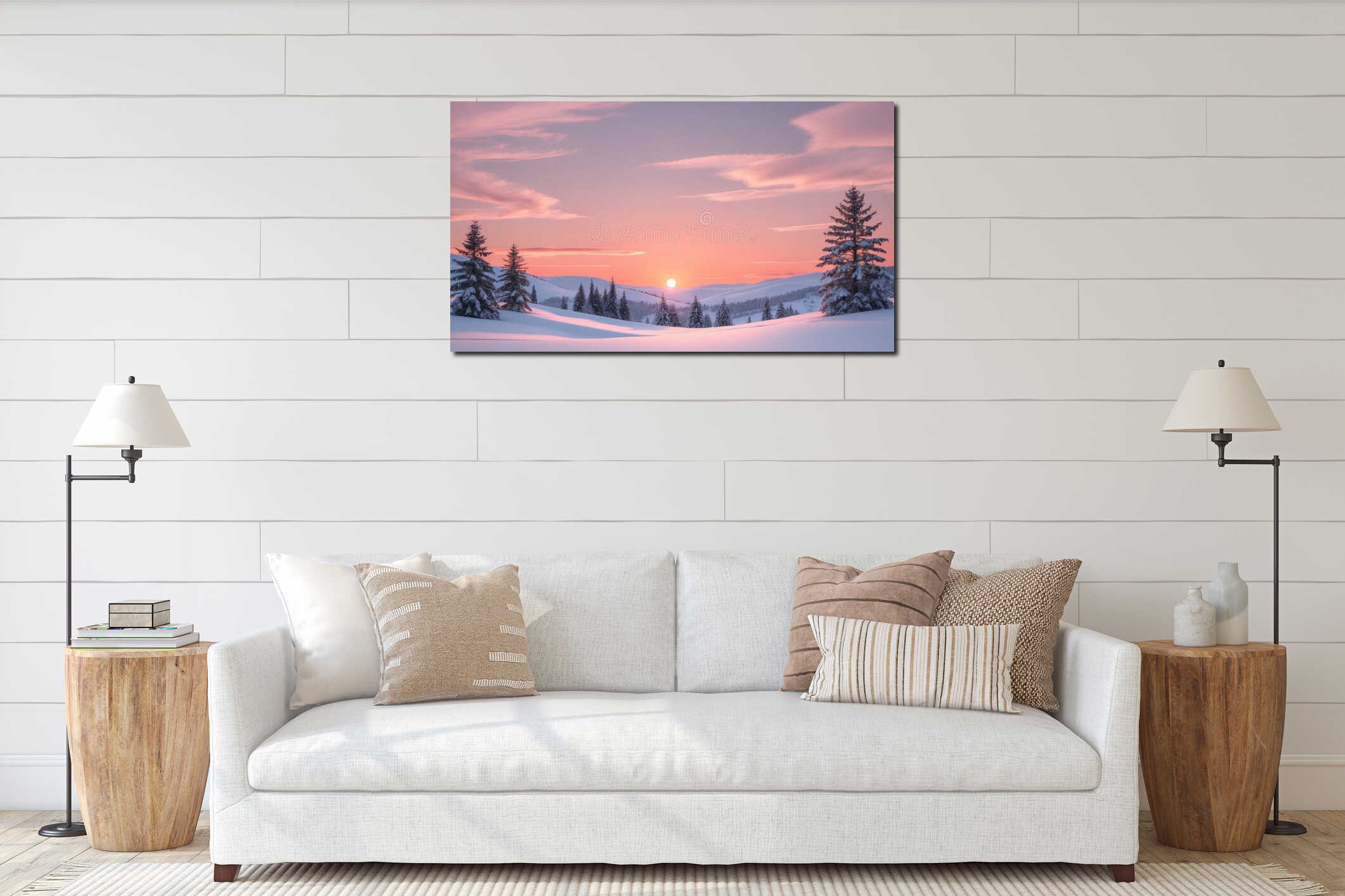 Serene Winter Sunset Over Snowy Landscape with Vibrant Colors and Gentle Clouds Illuminating the Horizon Amidst a interior mockup