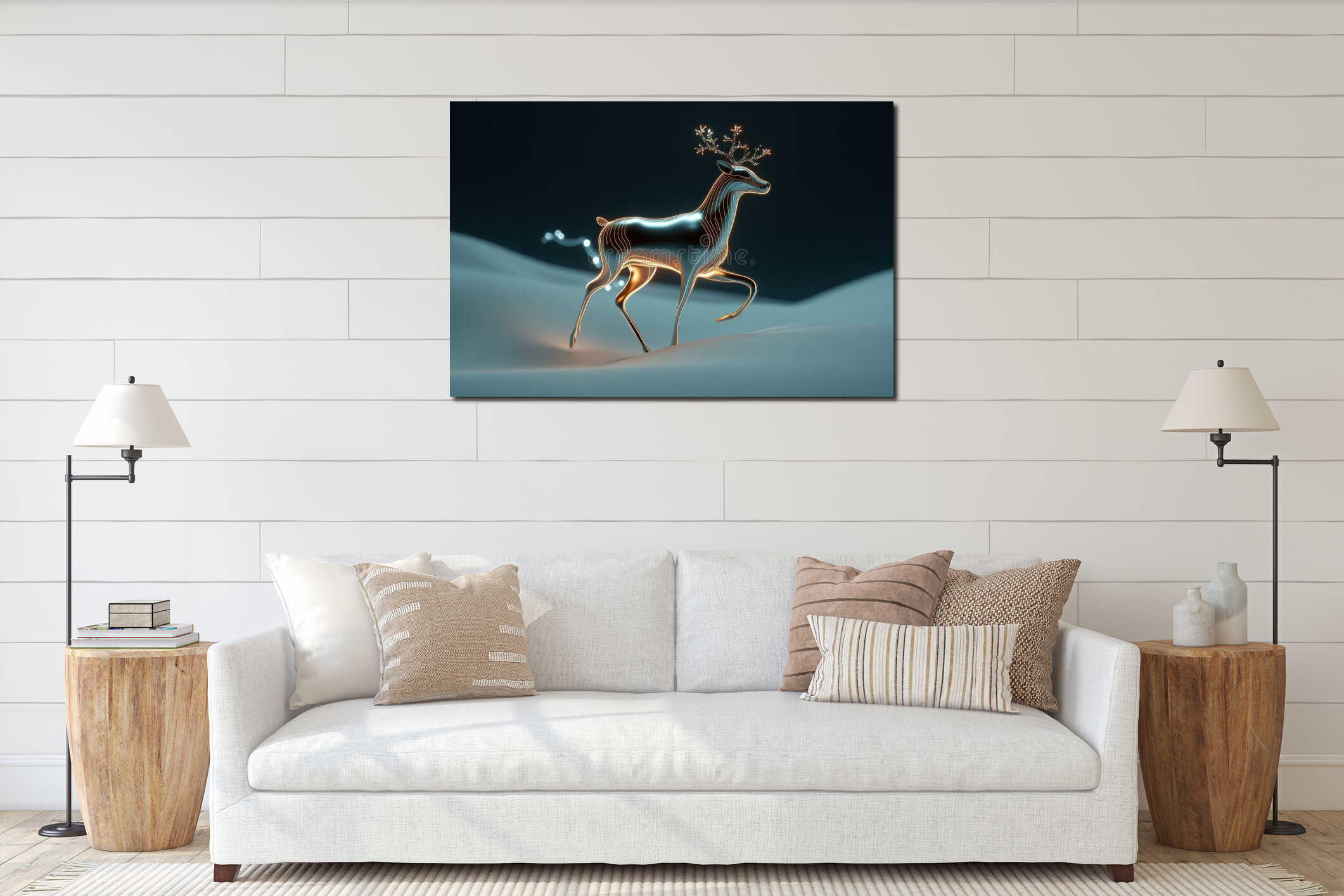 futuristic christmas scene, a modern robot reindeer gallops across a digital snowy landscape with a glowing sleigh interior mockup