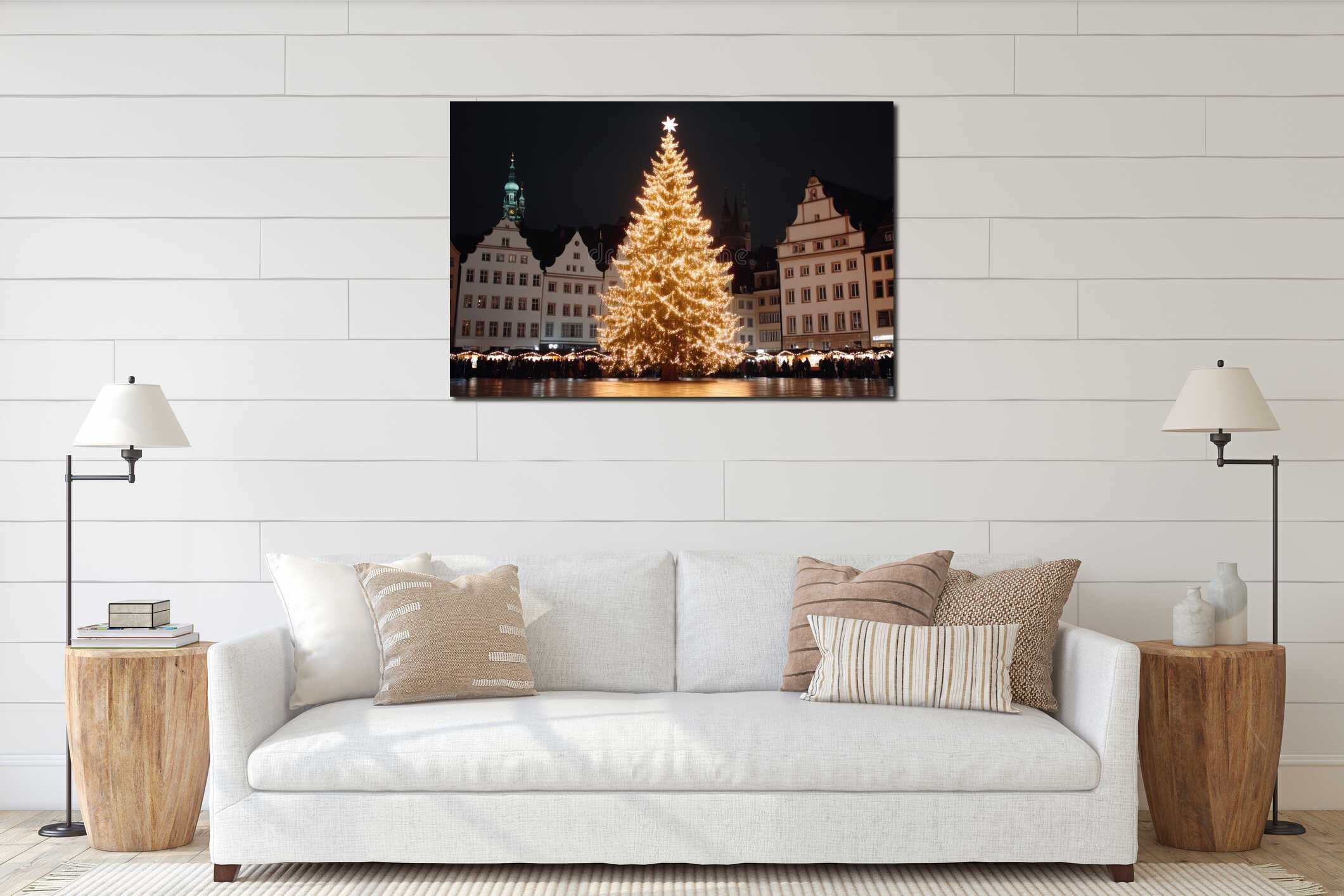 holiday market decor, a festive christmas tree glows with decorations in a busy holiday market, spreading warmth and interior mockup