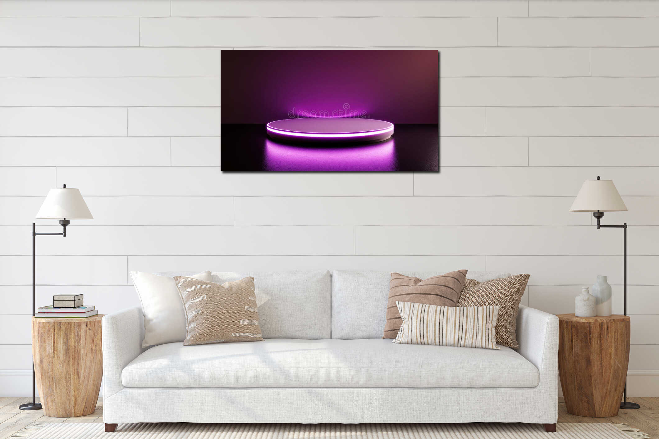 Futuristic Purple Neon Light Podium for Product Display interior mockup