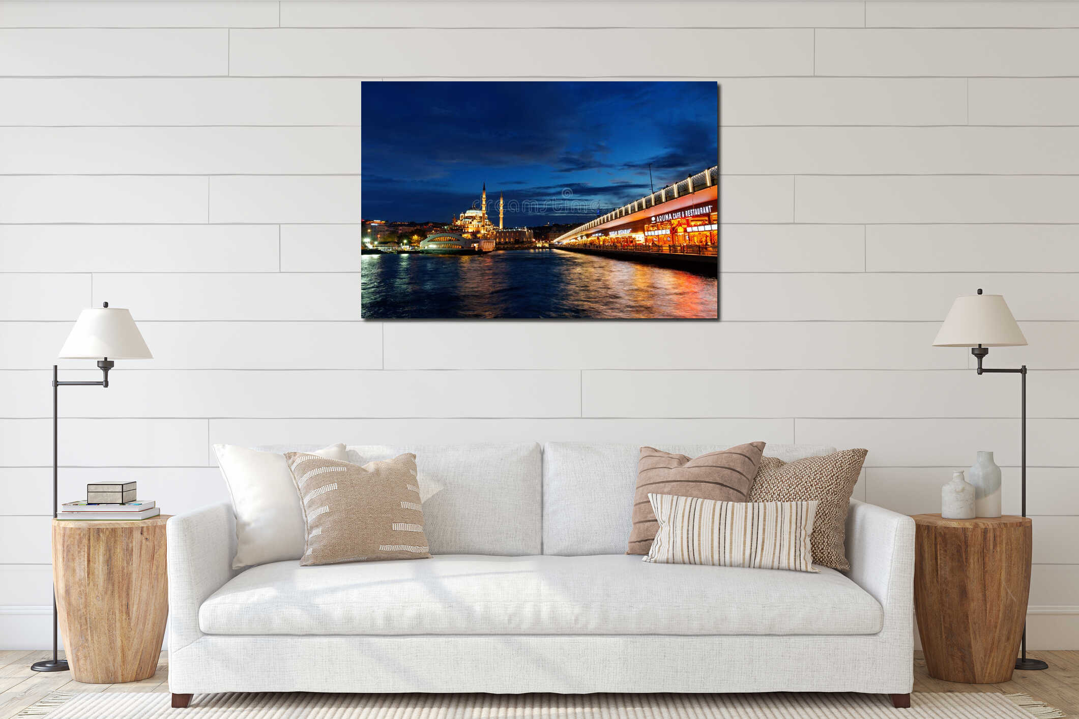 Istanbul, Turkey - October 10, 2024: view on Bosphorus and cityscape, architecture of city at night, Eminonu square and ferry pier interior mockup