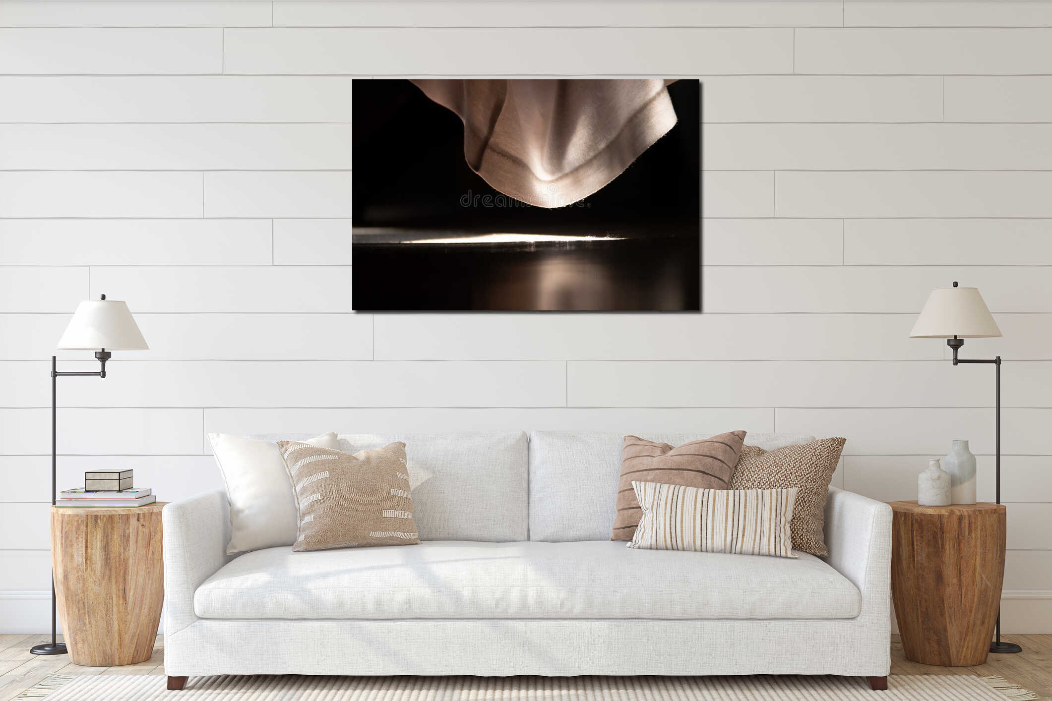 A close-up of a softly draped fabric, illuminated by a beam of light, creating a serene and artistic ambiance interior mockup