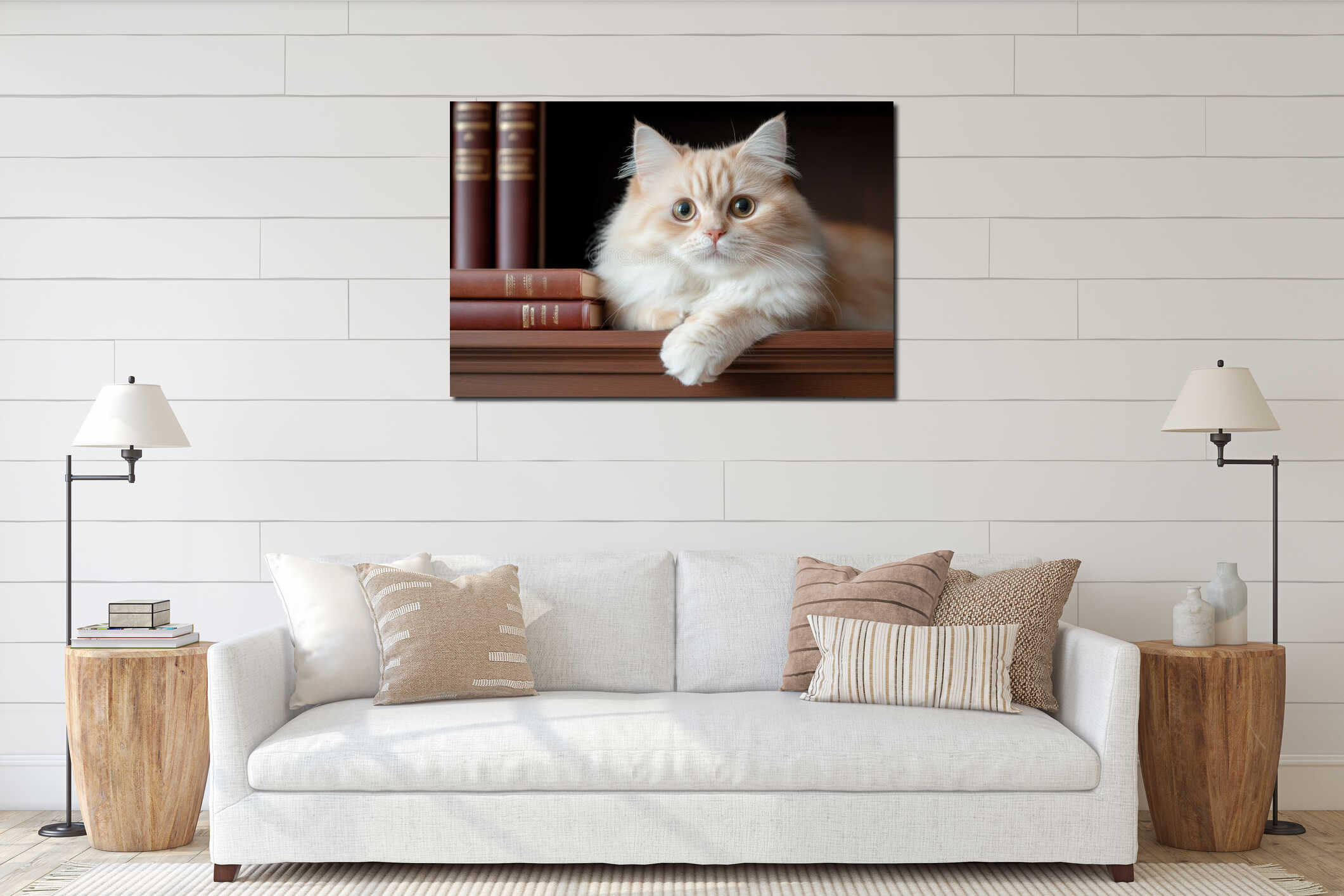 animal in classic study room, a regal persian cat sits proudly on a mahogany bookshelf in a traditional study room interior mockup