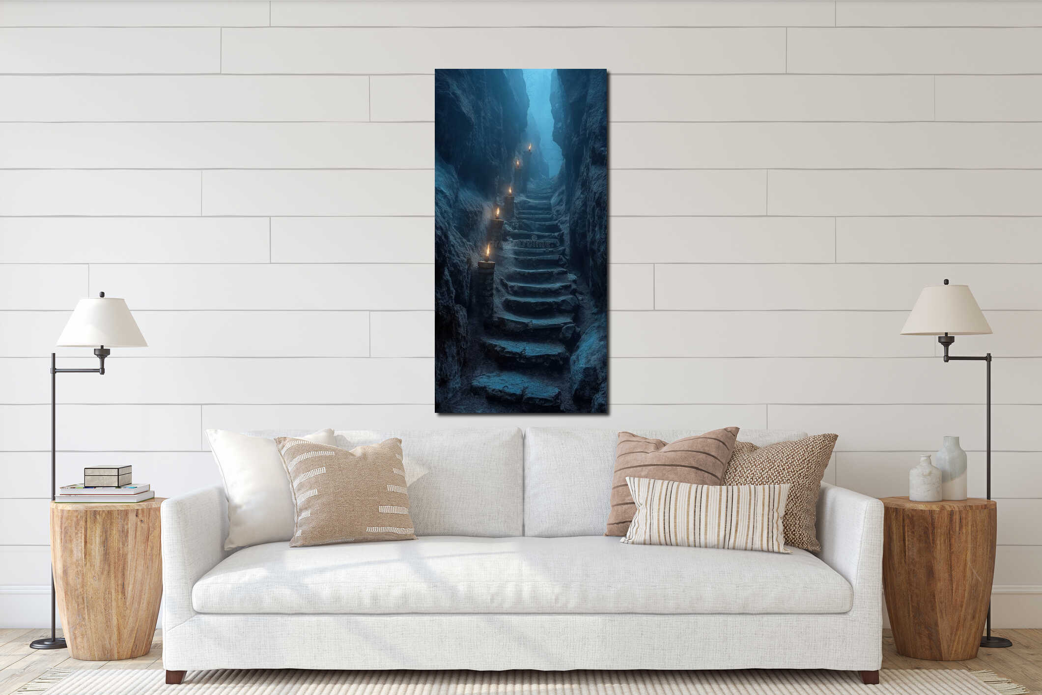 Mysterious stone staircase with glowing lanterns in misty canyon interior mockup