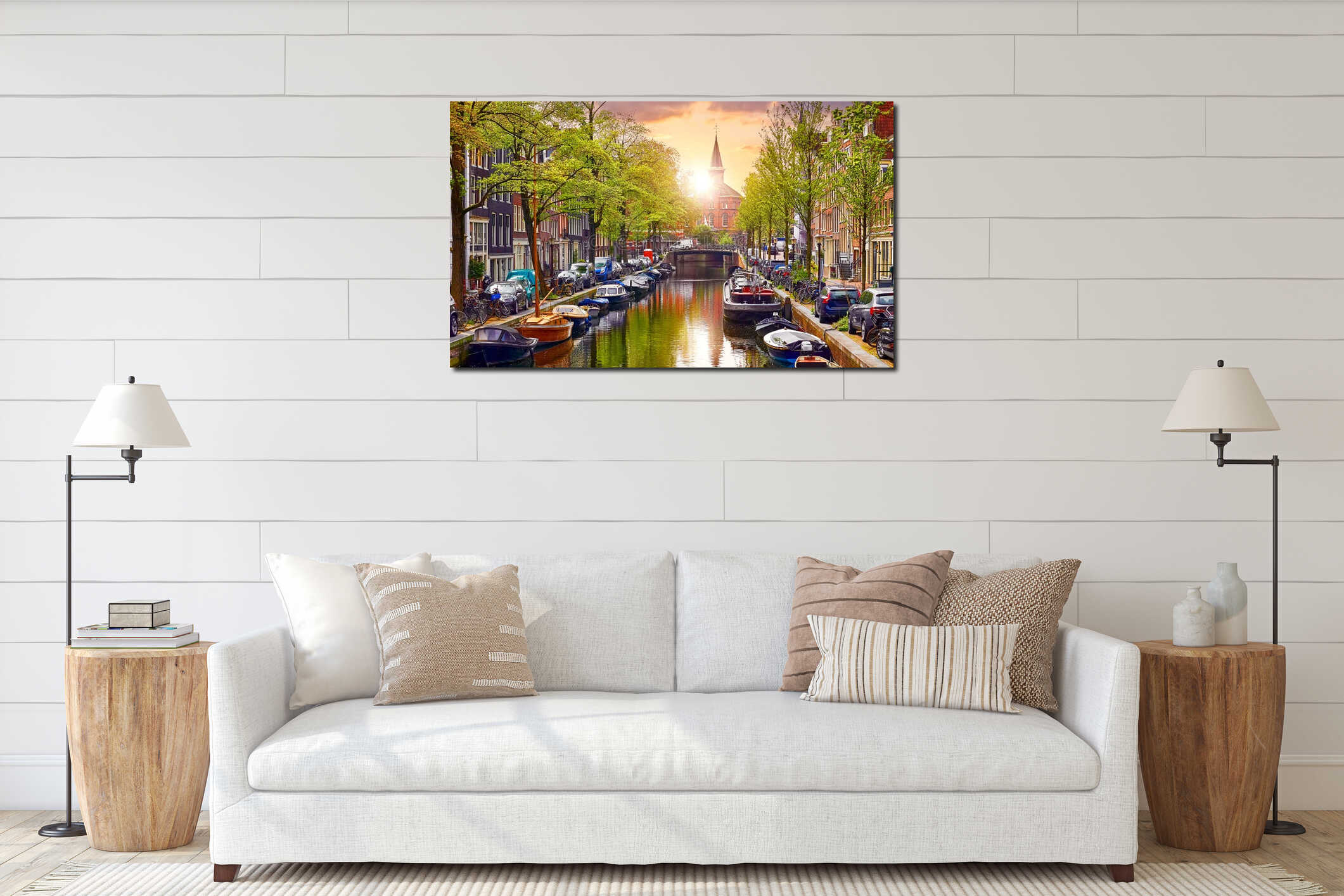 Channel in Amsterdam Netherlands. Old european city with Houses on the river Amstel, famous travel destination Europe. Houseboats interior mockup