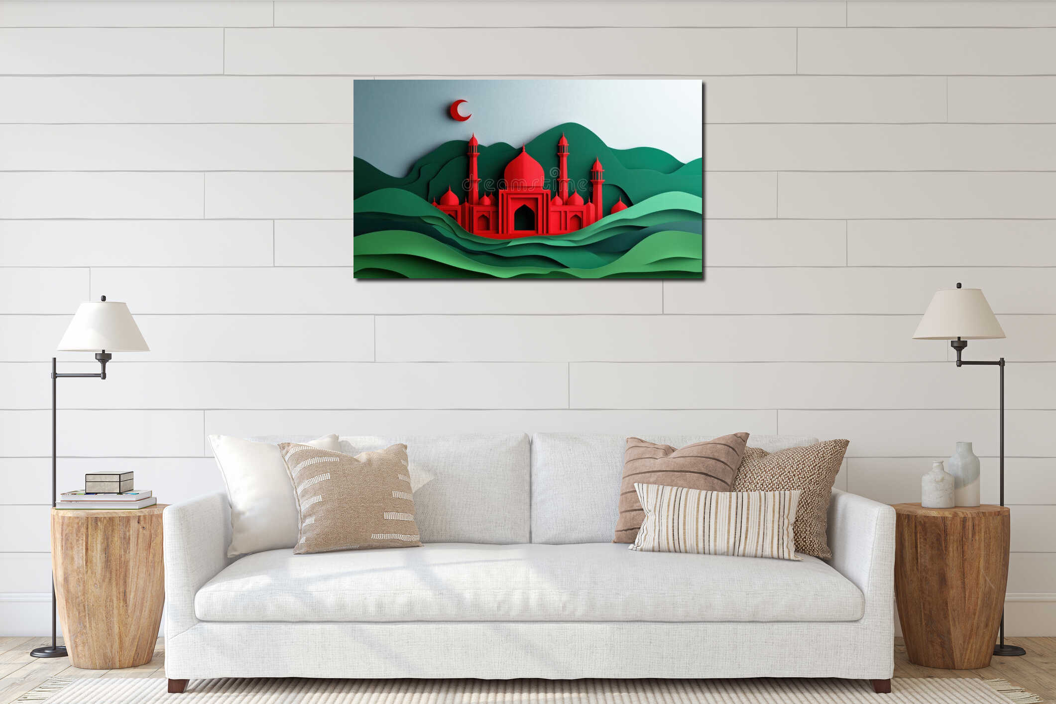 Abstract Art Greetings For Eid Mubarak And Ramadan Kareem Featuring Red Mosque And Green Elements interior mockup