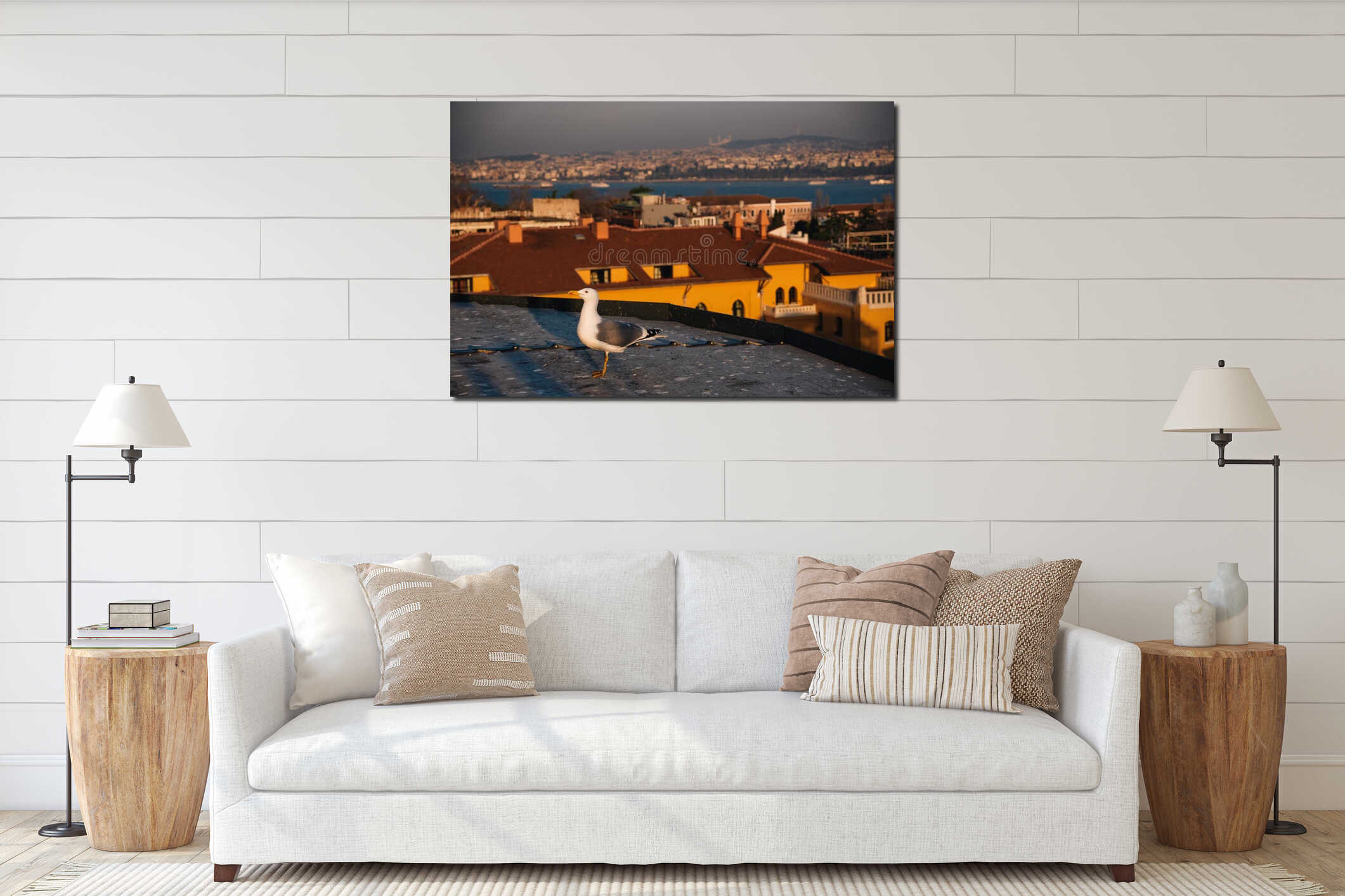 Seagull standing on a rooftop overlooking Istanbul at sunset interior mockup