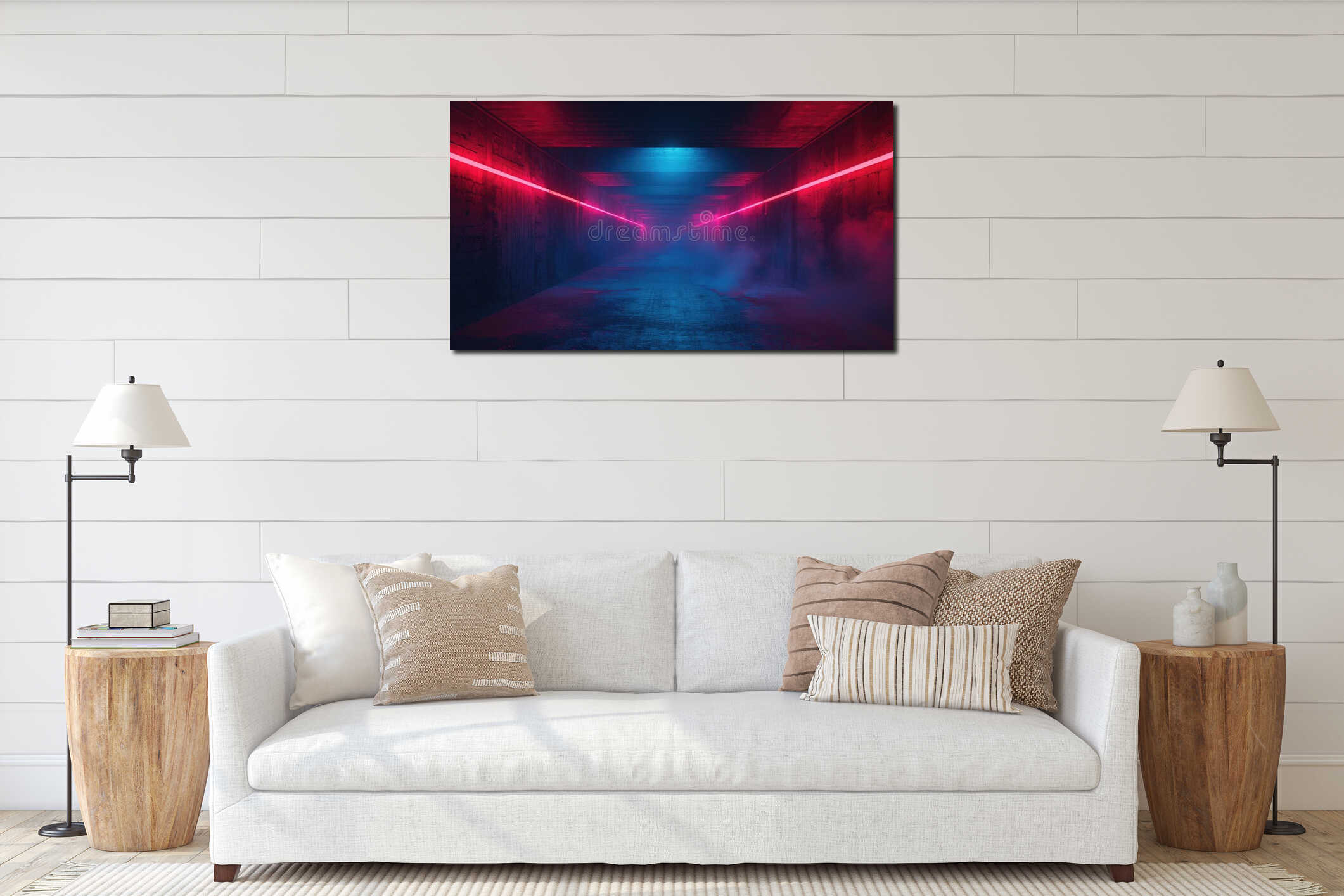 A mysterious long hallway illuminated by red and blue lights. Suitable for various dark and dramatic themes interior mockup
