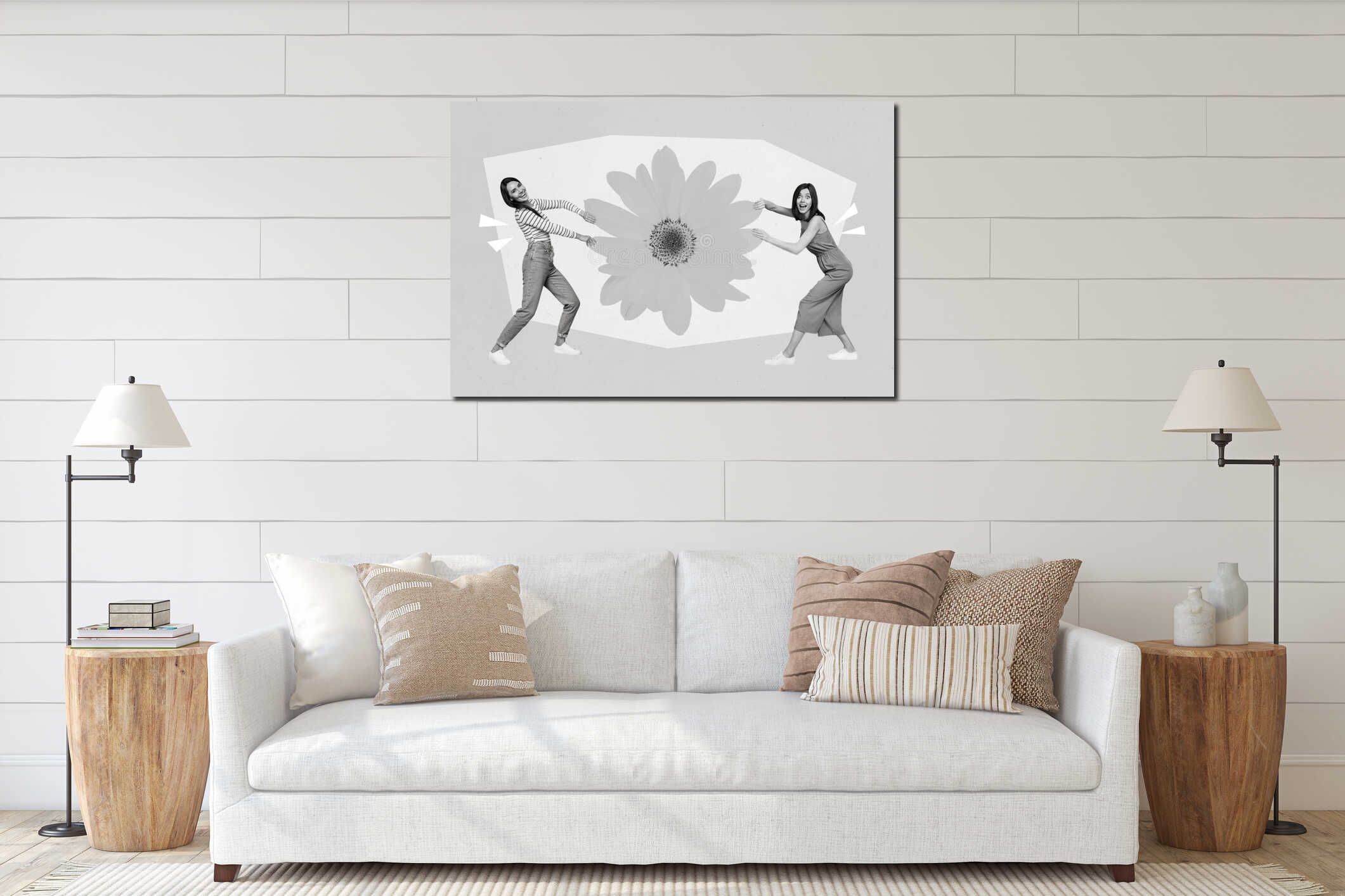 Composite collage image of two excited black white effect girls pull big sunflower isolated on drawing background interior mockup