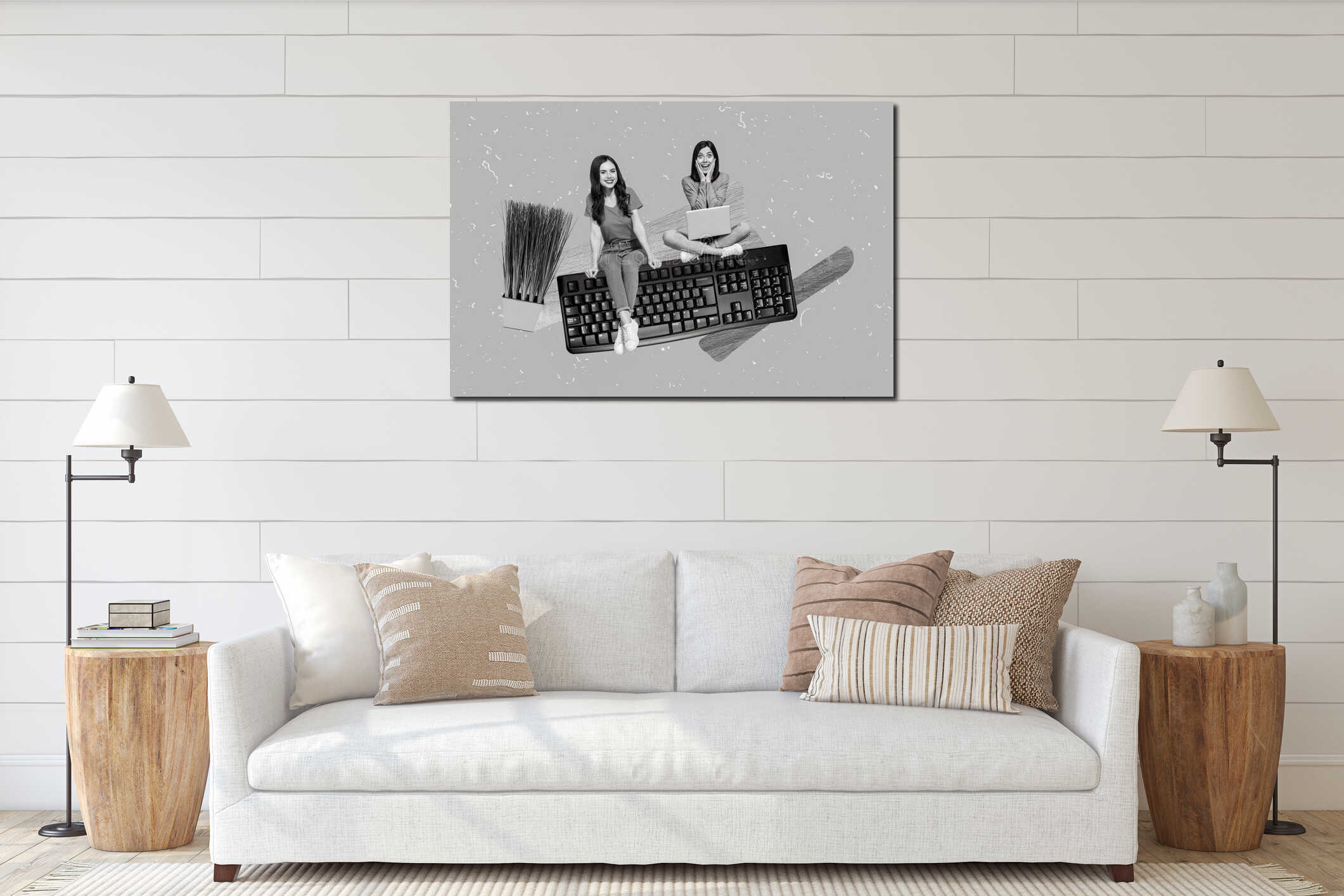 Composite collage portrait of two mini excited funky girls sitting big keyboard use netbook houseplant isolated on interior mockup