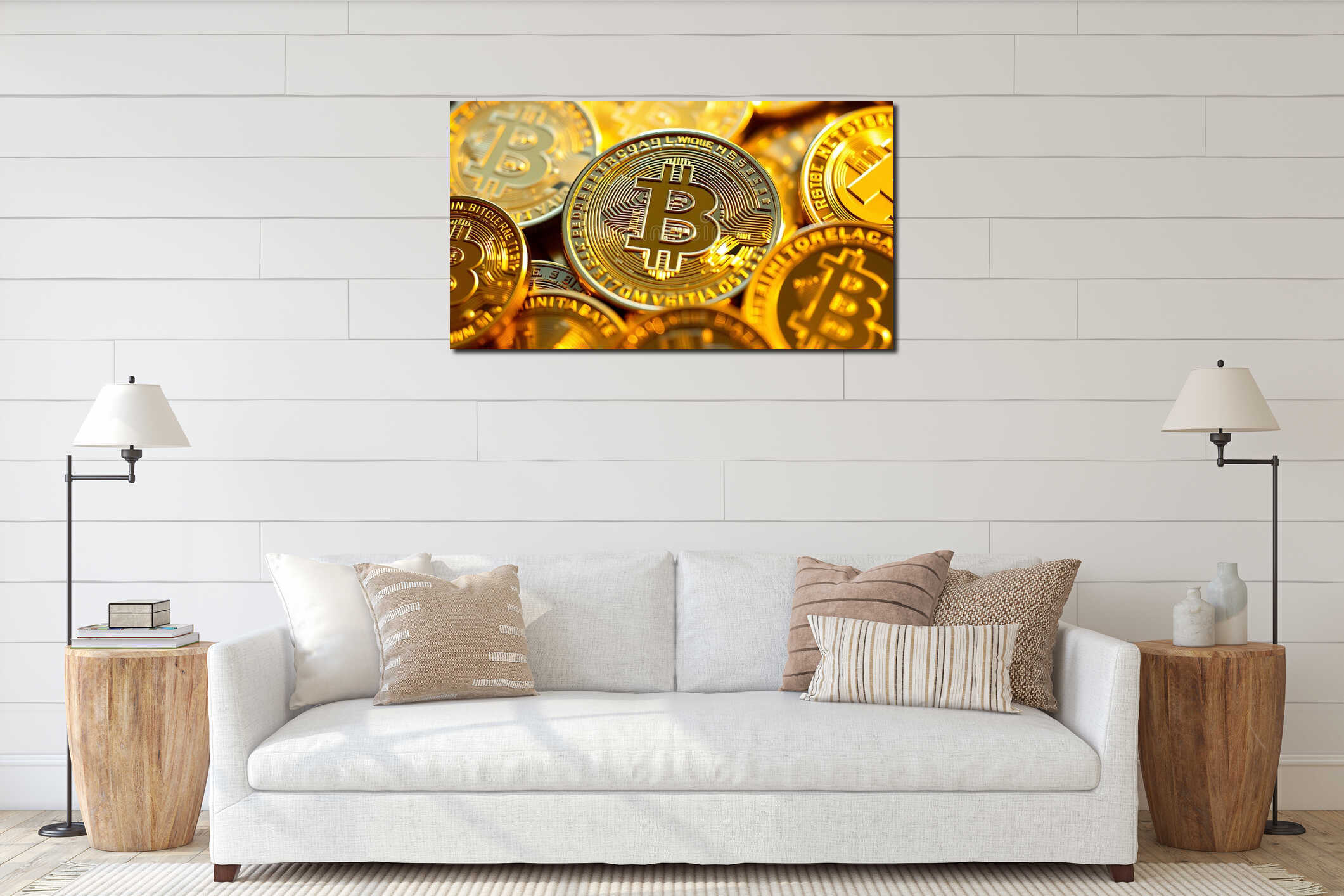 Shiny Bitcoin Coins Representing Cryptocurrency and Digital Finance in a Close-Up View interior mockup