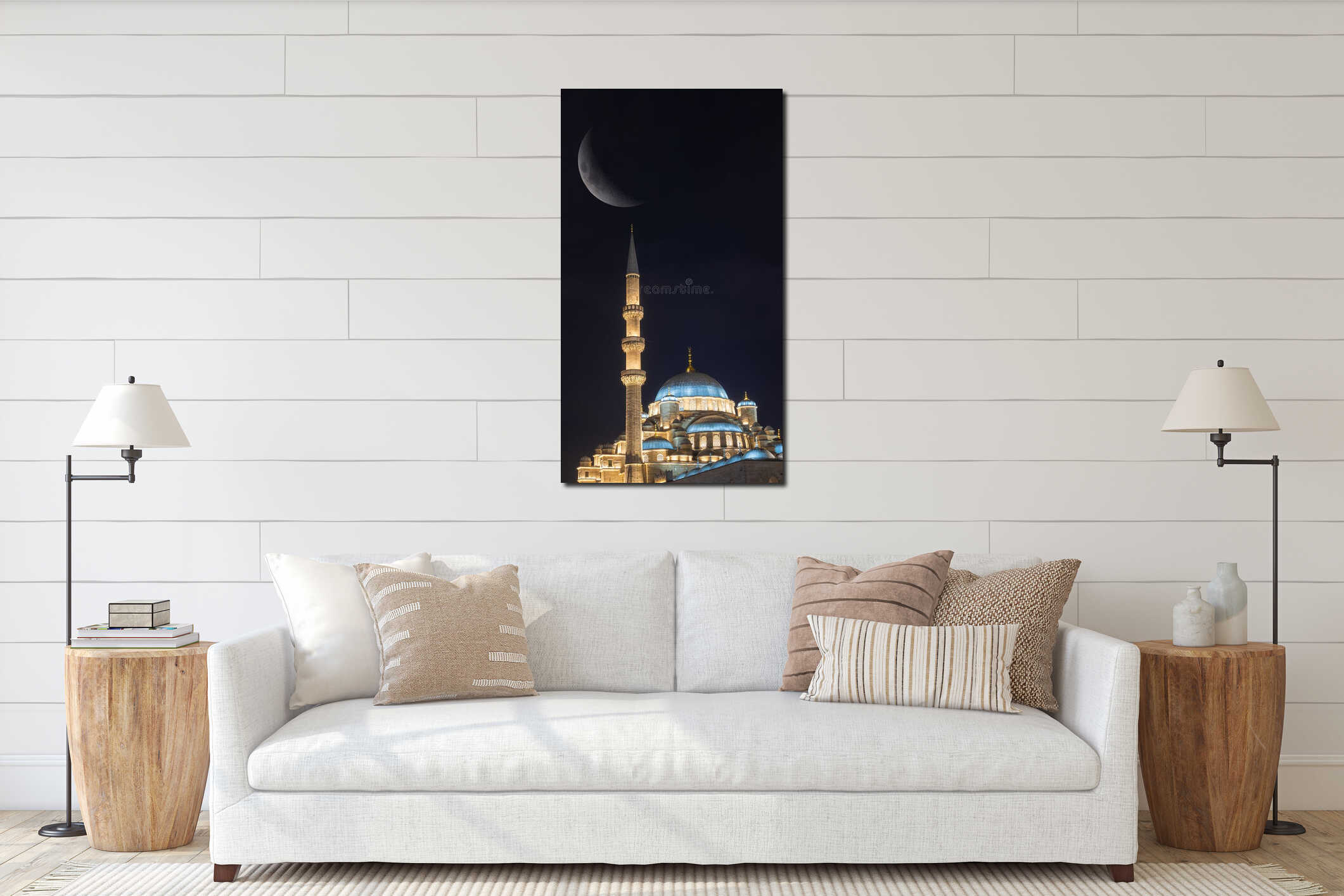 Eminonu New Mosque and crescent moon. Islamic or laylat al-qadr concept interior mockup