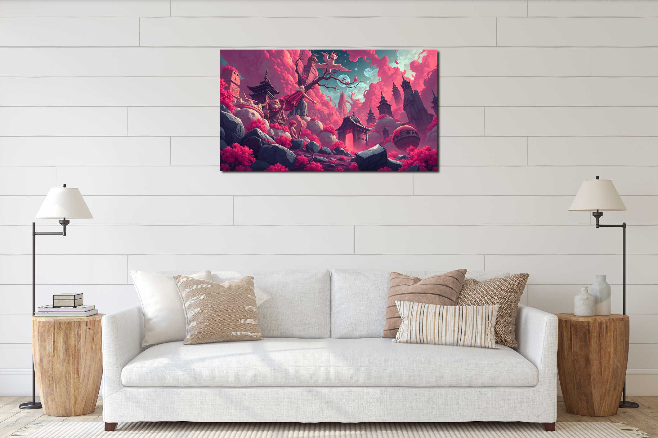 A whimsical fantasy landscape painting depicts a journey to a mystical city amidst pink clouds, featuring a woman, an interior mockup