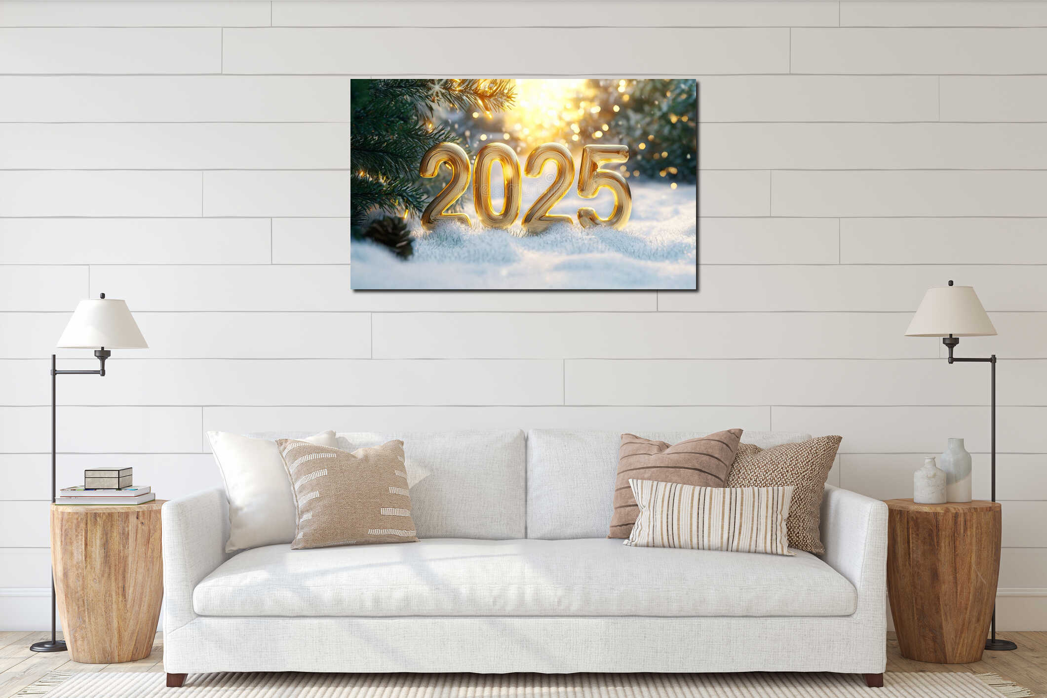 Golden number 2025 standing in the snow near a spruce tree, blurred background interior mockup