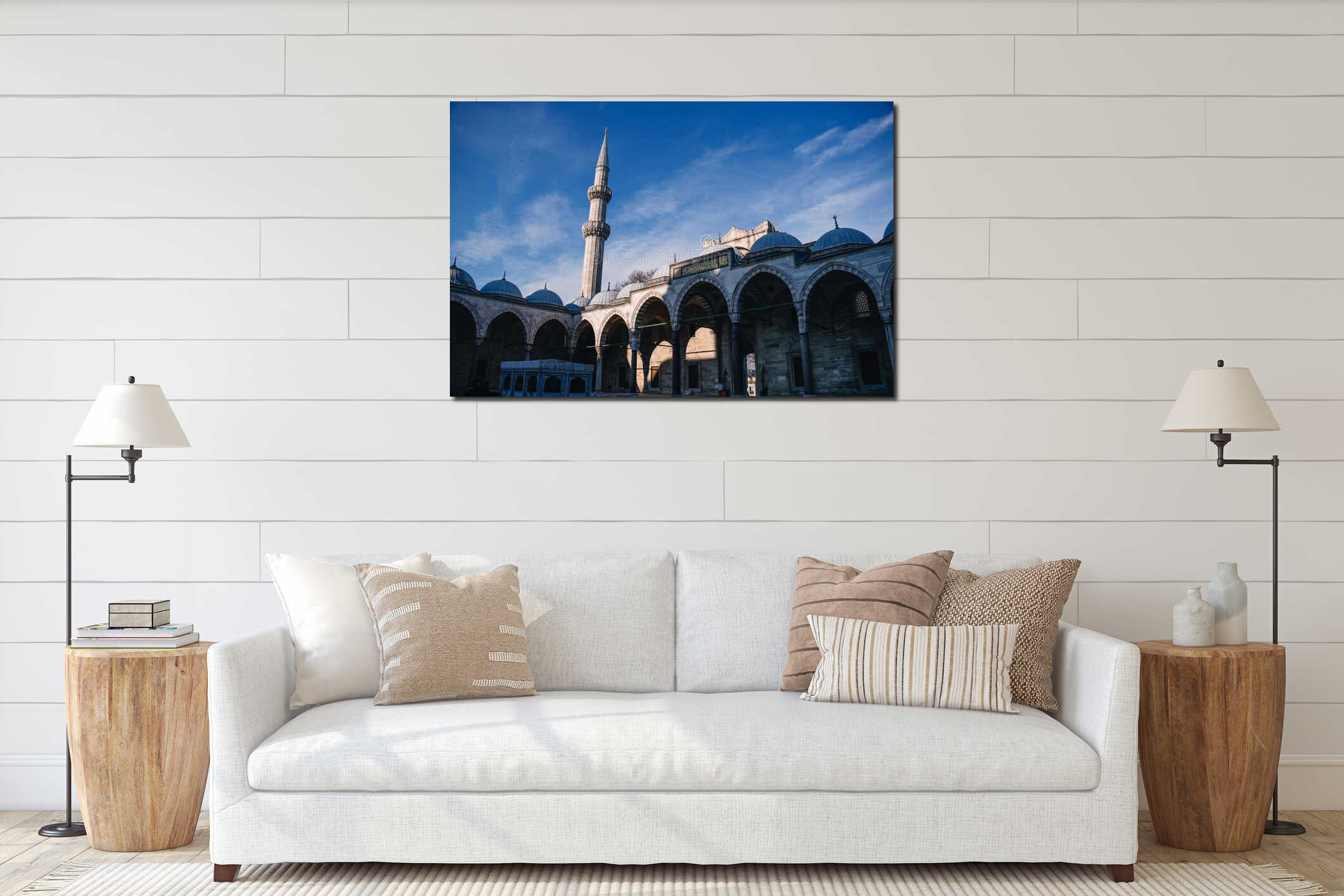 Suleymaniye Mosque courtyard with minaret reaching for blue sky in Istanbul interior mockup