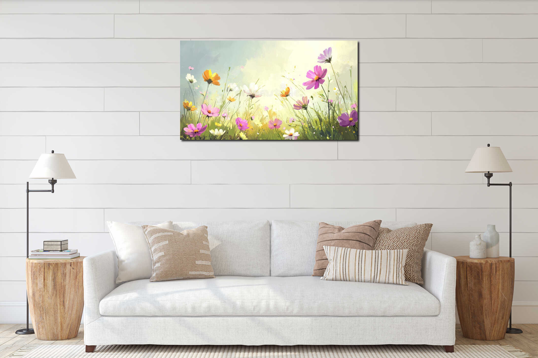 A clear sky overlooks a vivid wildflower meadow, where colorful blossoms mingle with soft, airy clouds. interior mockup