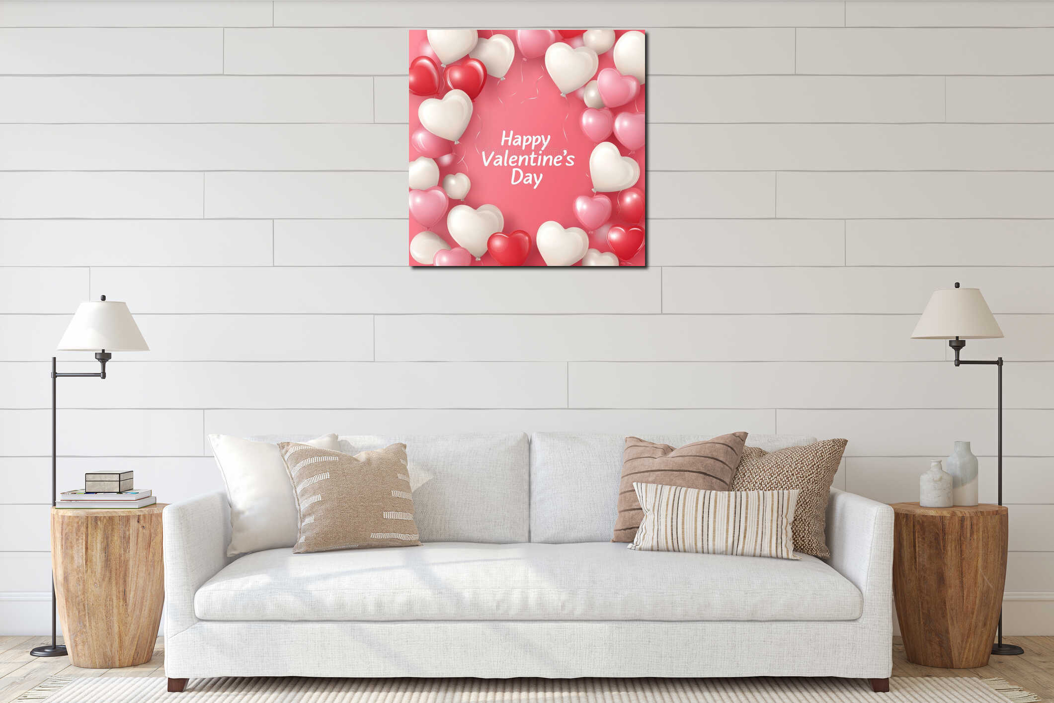 Three-dimensional hearts for Valentine's Day. A romantic card sending Valentine's Day wishes. A party invite interior mockup